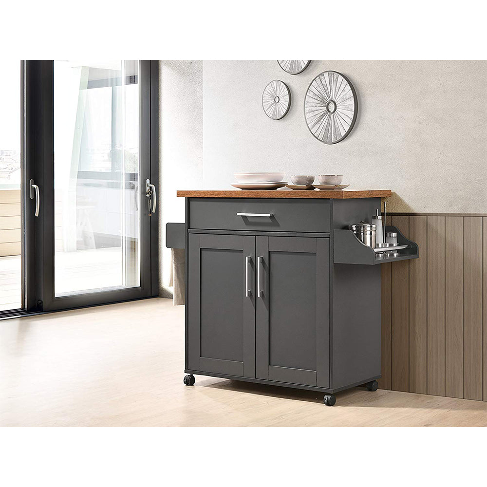 Hodedah Wheeled Kitchen Island Cart with Spice Rack and Towel Holder, Gray/Oak - Smart-nests