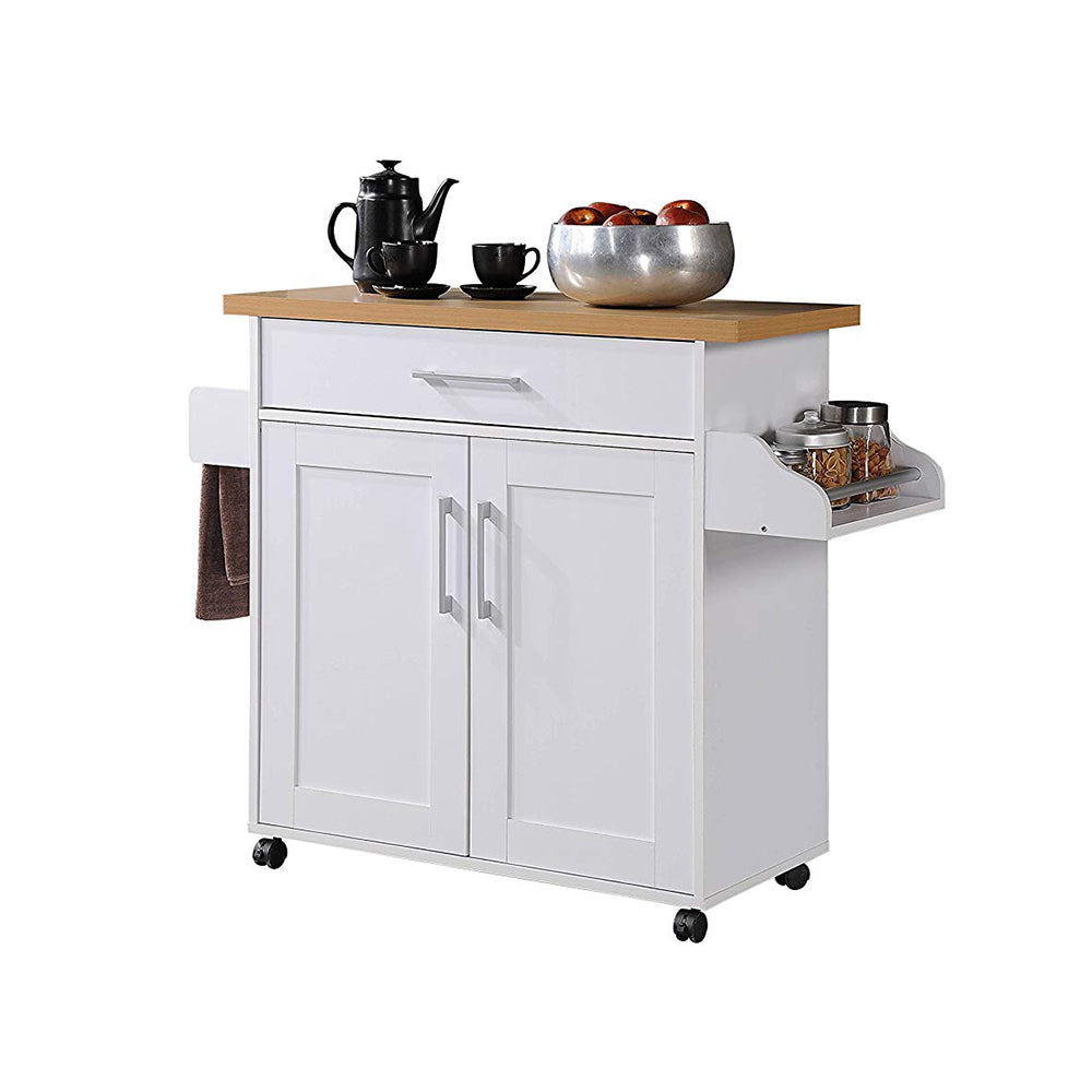 Hodedah Import Wheeled Kitchen Island w/Spice Rack & Towel Holder, White/Beech - Smart-nests