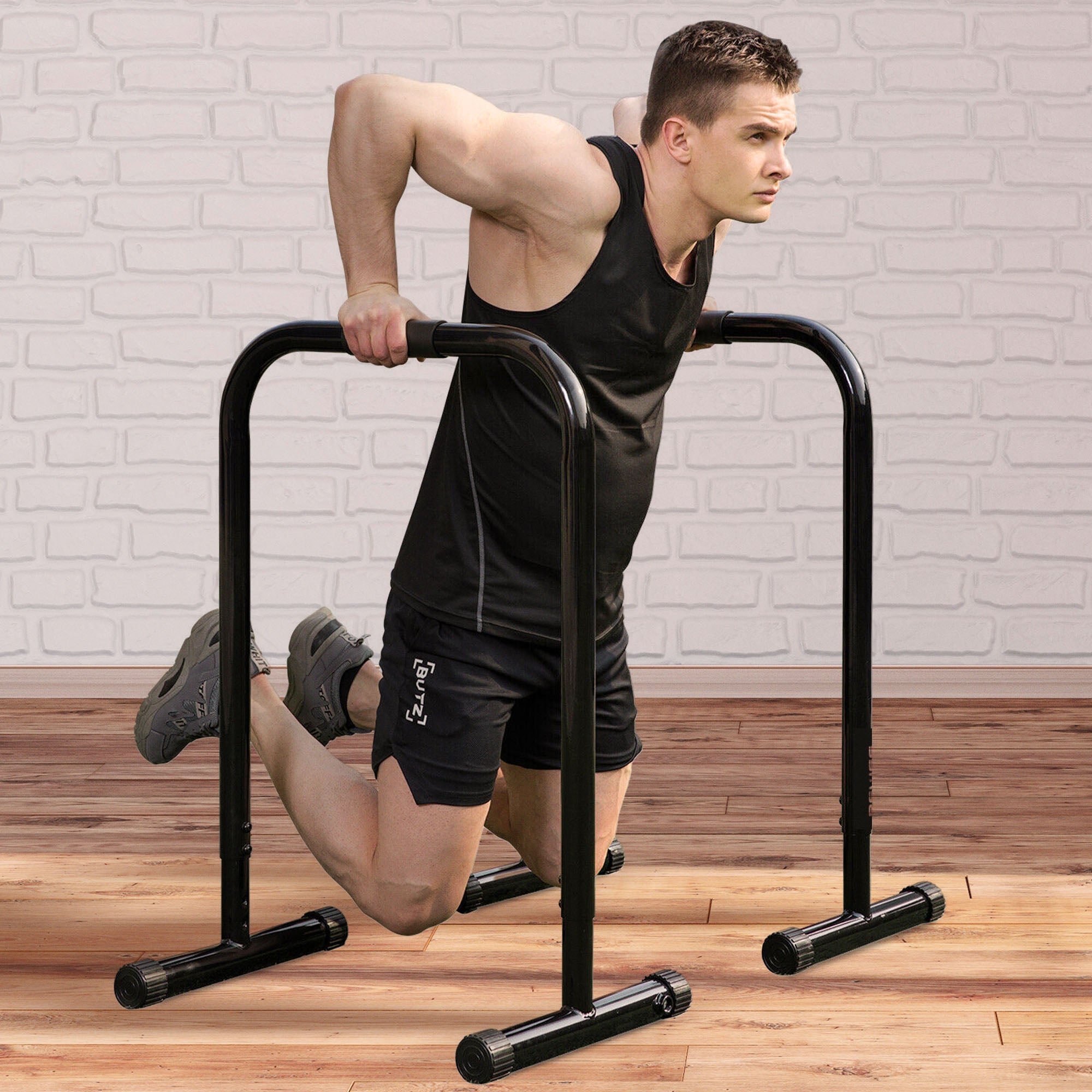 HolaHatha Dip Station Bar with Adjustable Foot and Non Slip Foot Covers, Black - Smart-nests