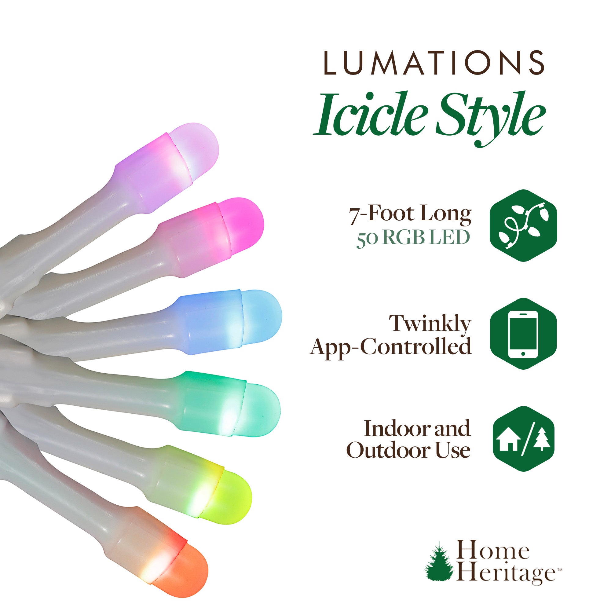Home Heritage 7' Icicle Style Holiday Lights, App Controlled, 50 RGB LEDs 6 Pack