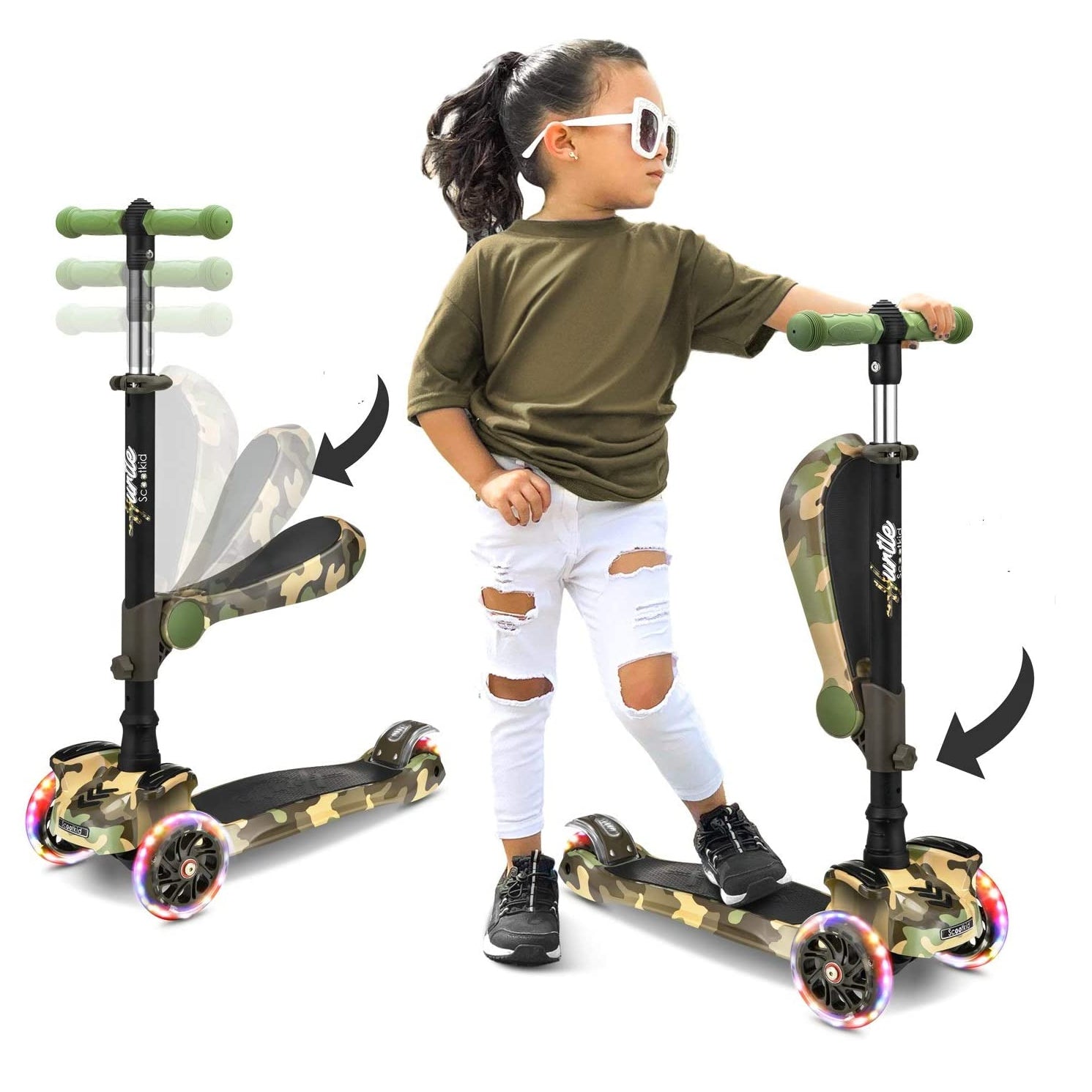 Hurtle ScootKid 3 Wheel Child Toddler Toy Scooter with LED Wheel Lights, Camo - Smart-nests