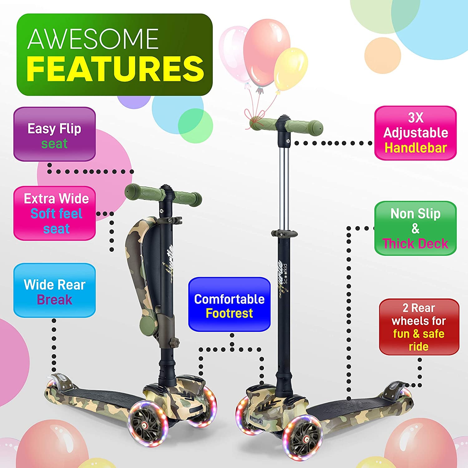 Hurtle ScootKid 3 Wheel Child Toddler Toy Scooter with LED Wheel Lights, Camo - Smart-nests