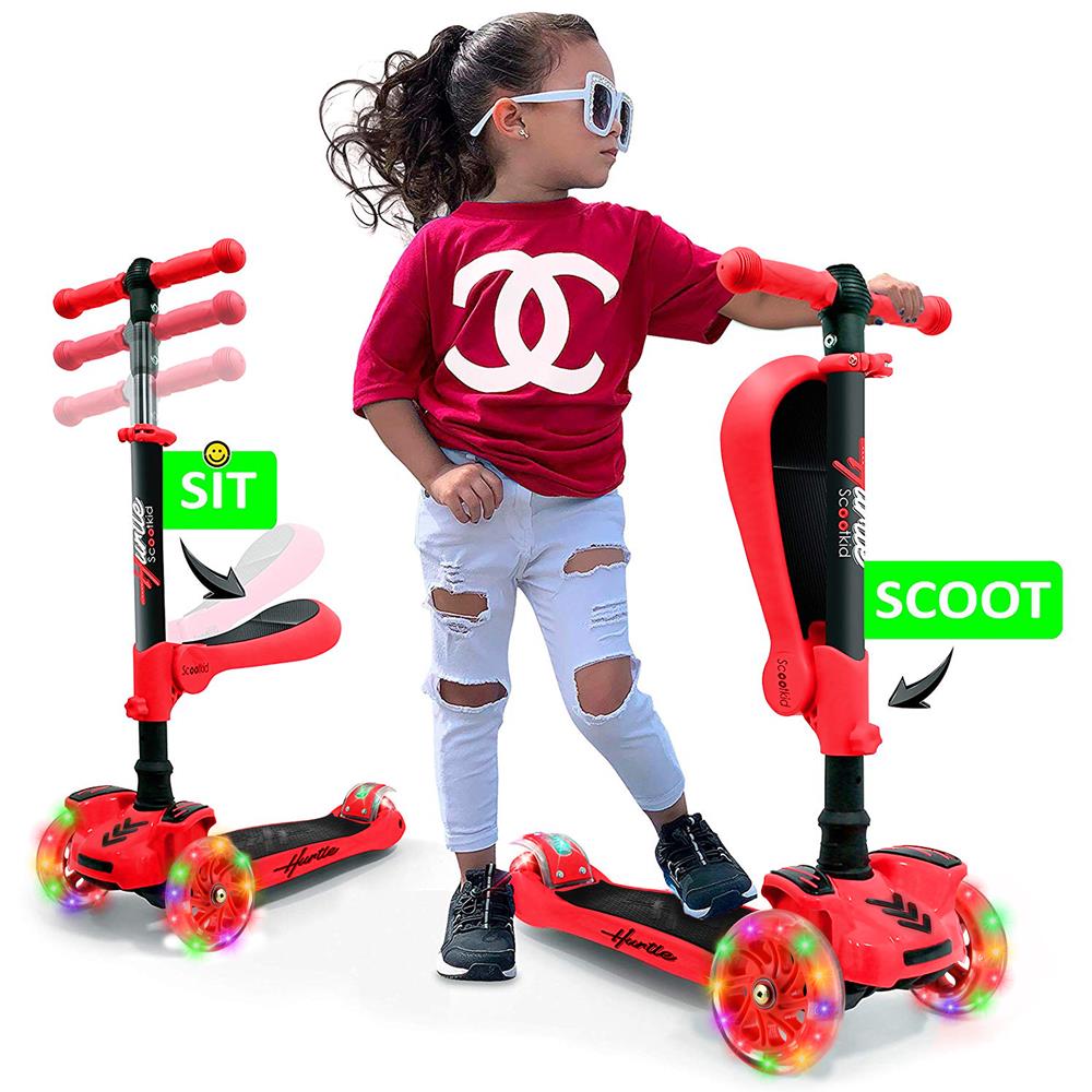 Hurtle ScootKid 3 Wheel Toddler Child Ride On Toy Scooter w/ LED Wheels, Red - Smart-nests