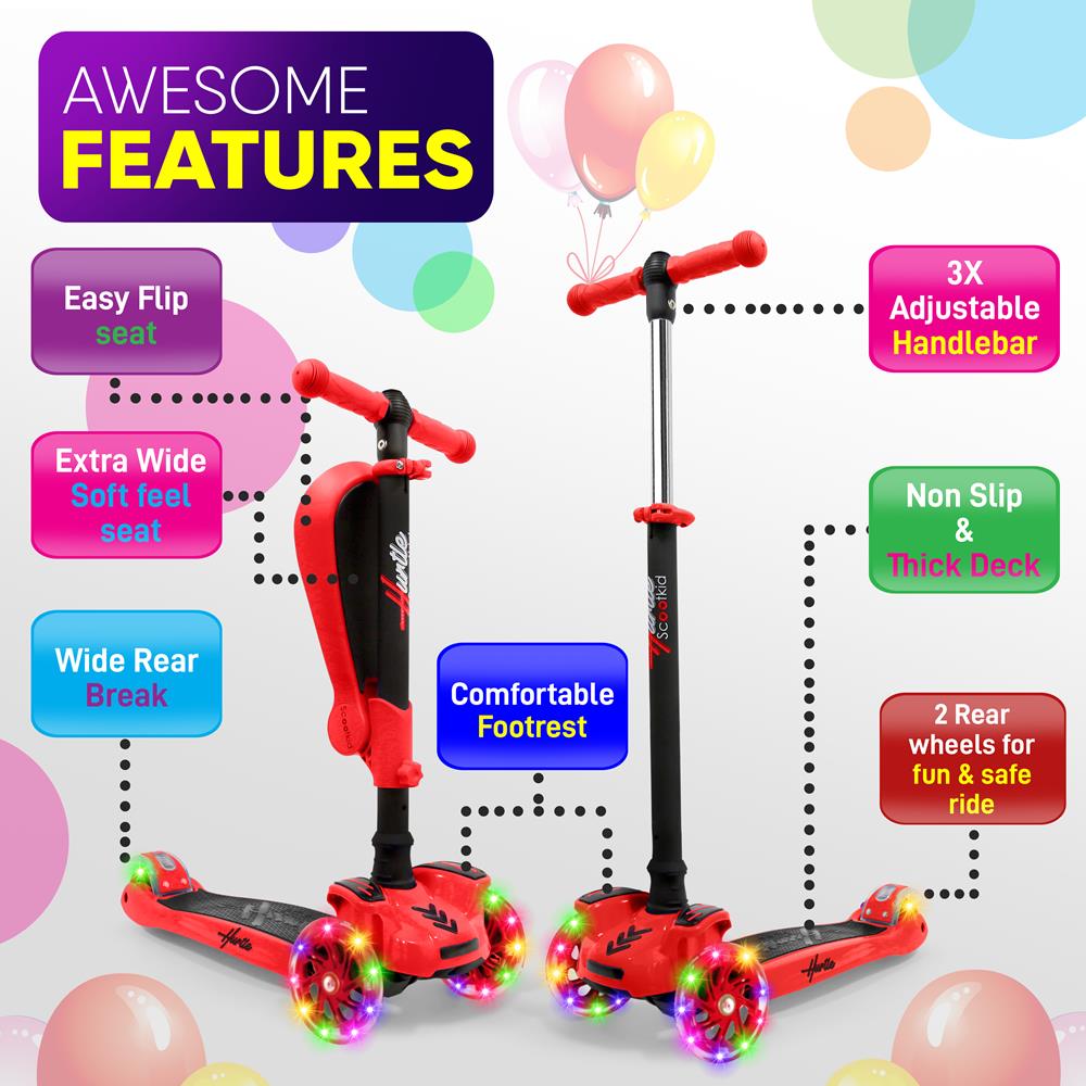 Hurtle ScootKid 3 Wheel Toddler Child Ride On Toy Scooter w/ LED Wheels, Red - Smart-nests