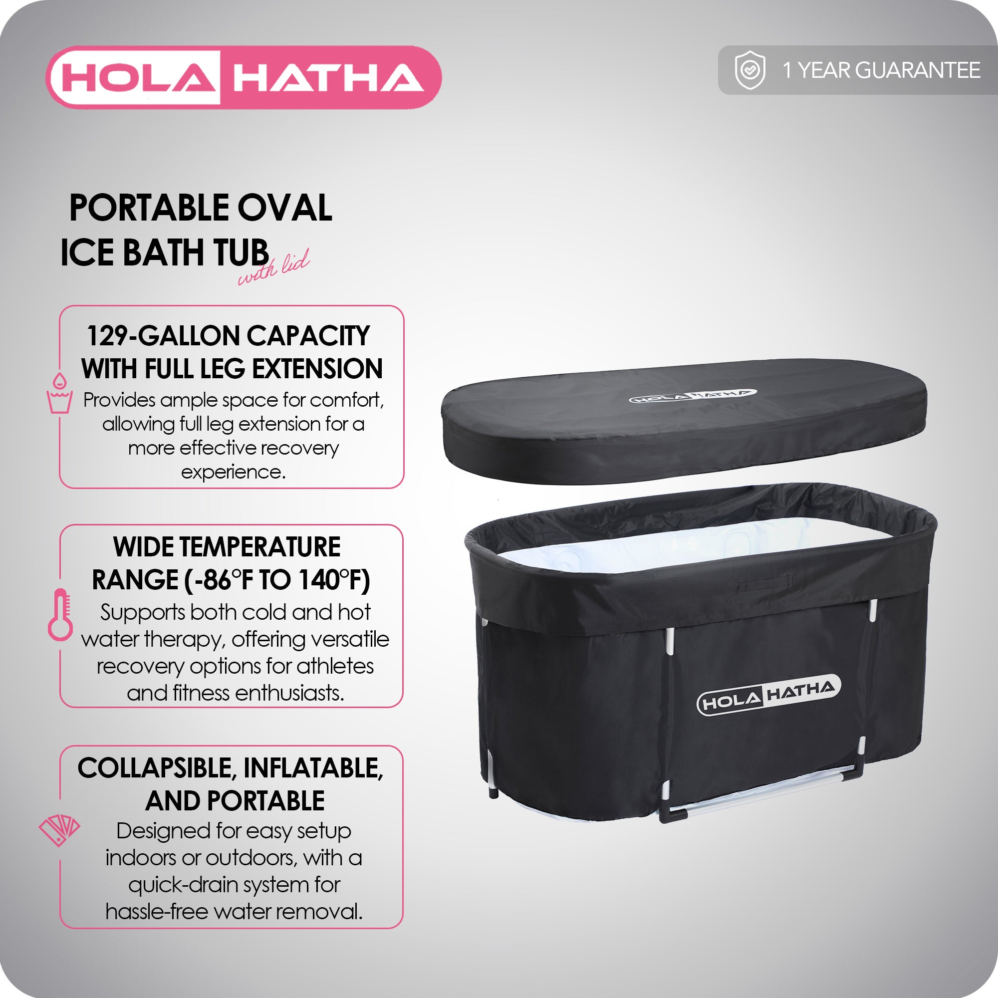 HolaHatha 129 Gal Ice Bath Tub, Portable Hot/Cold Water Plunge Tub with Lid - Smart-nests
