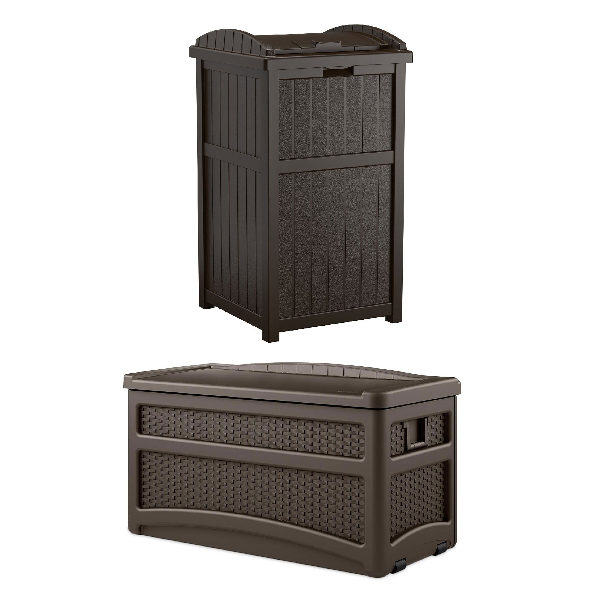 Suncast 73 Gallon Deck Box w/ Seat & Trash Hideaway Outdoor Garbage Bin, Java - Smart-nests