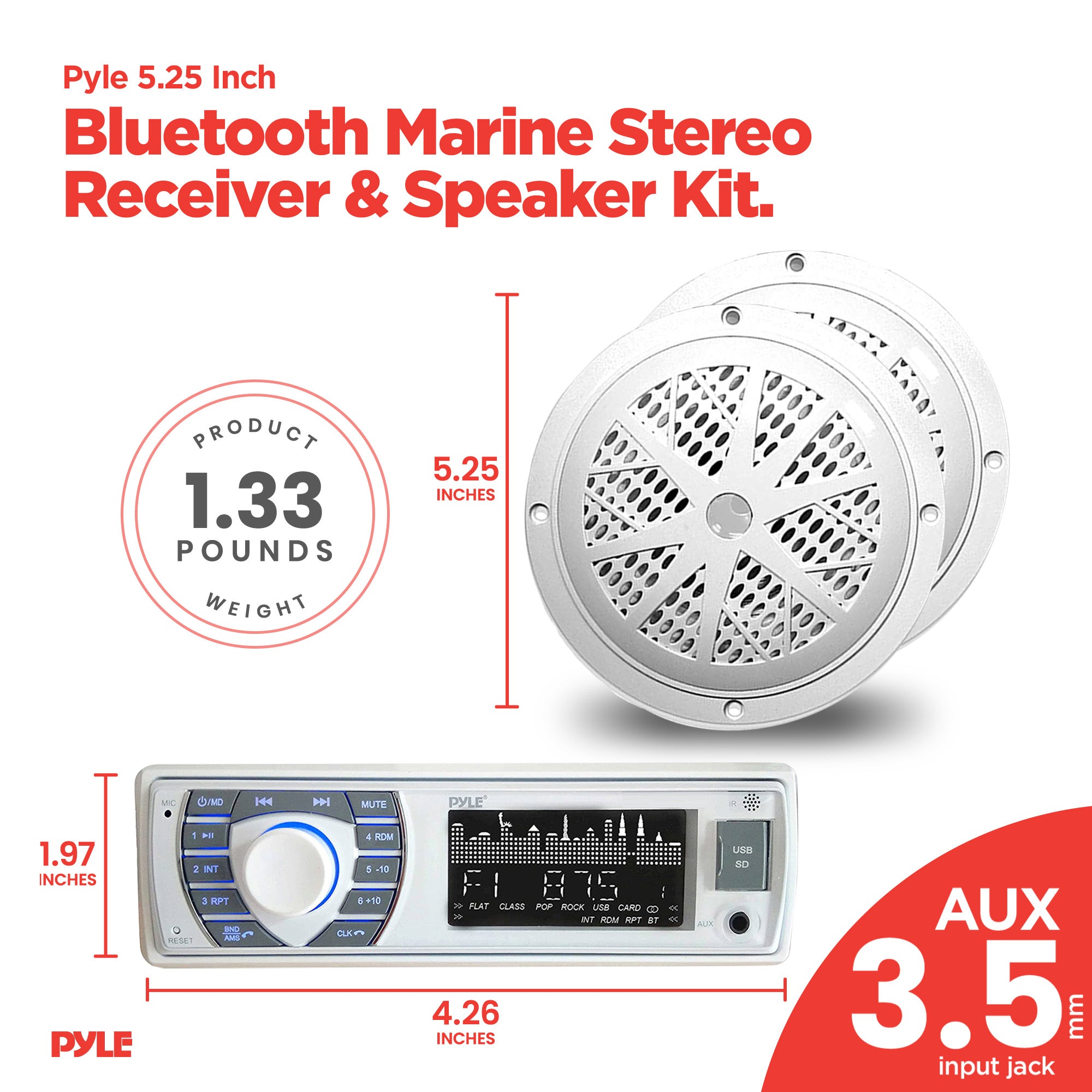 Pyle PLMRKT36WT 5.25 Inch Bluetooth Marine Stereo Receiver & Speaker Kit, White