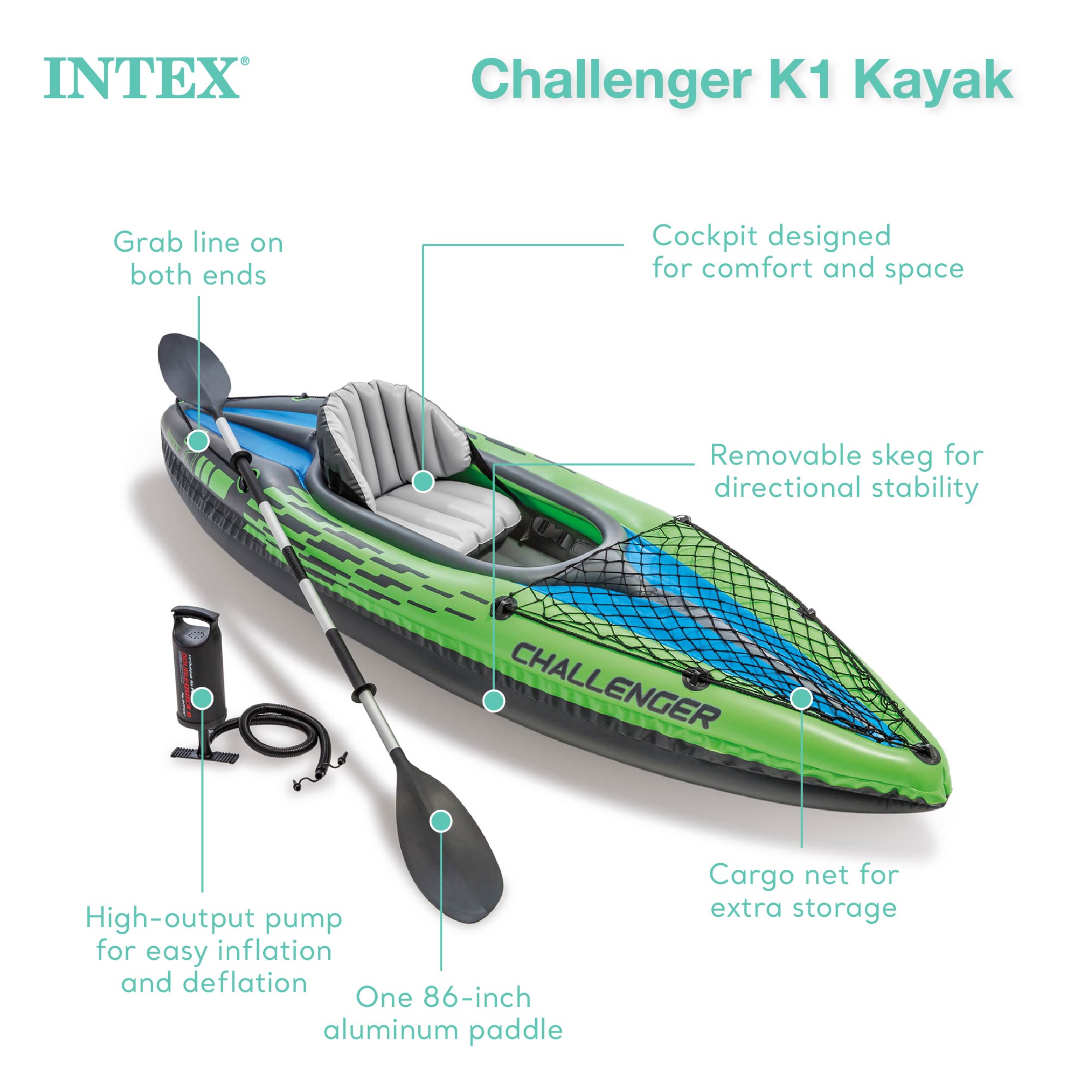 Intex Challenger K1 Inflatable Single Person Kayak Set and Accessory Kit w/ Pump - Smart-nests