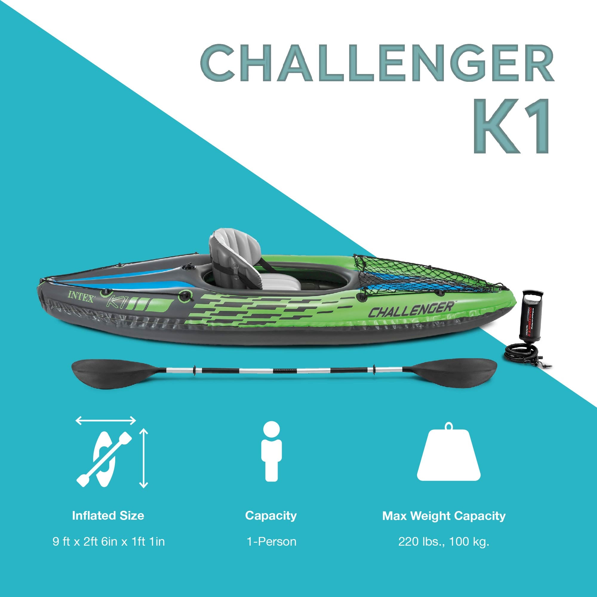Intex Challenger K1 Inflatable Single Person Kayak Set and Accessory Kit w/ Pump - Smart-nests