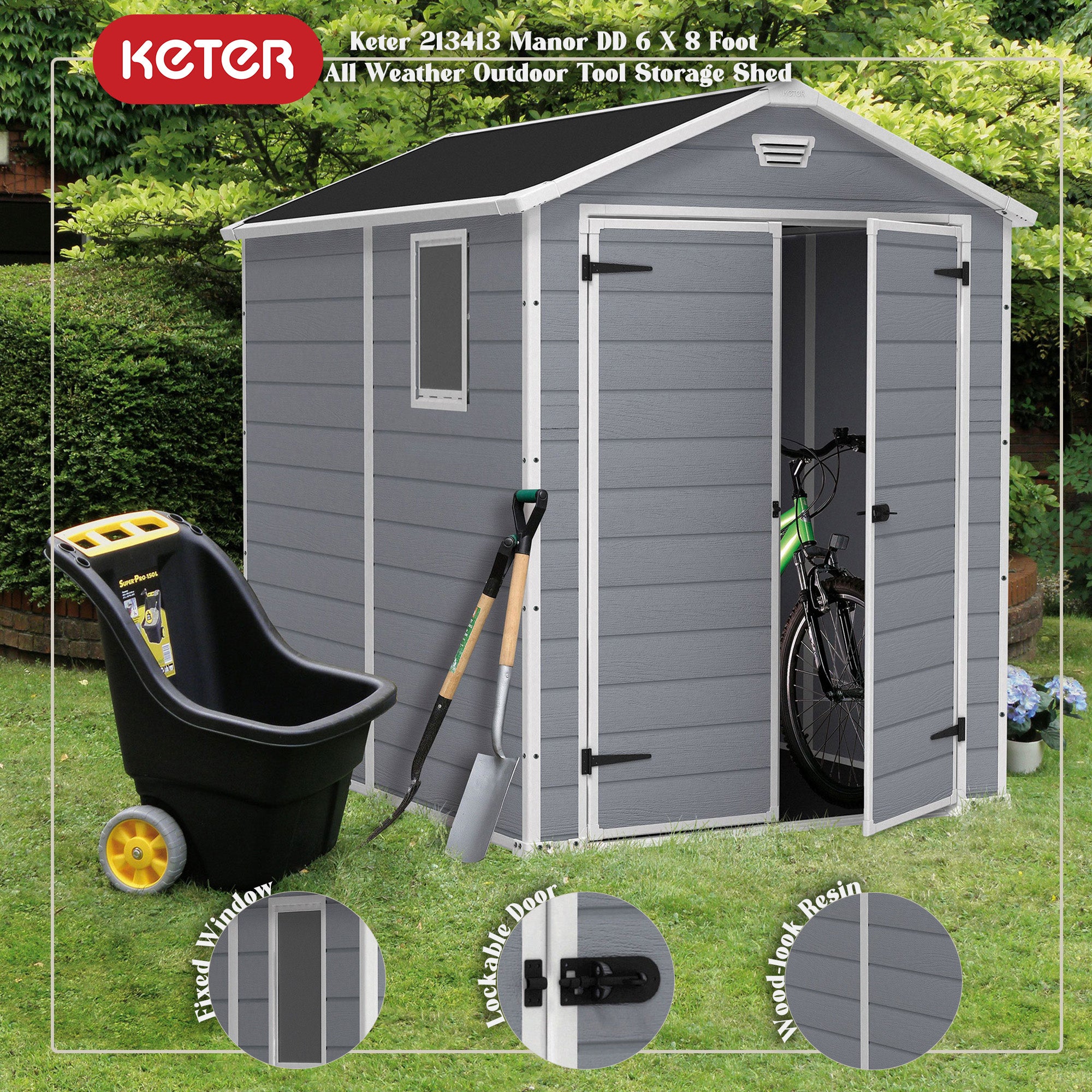 Keter 213413 Manor 6 X 8 Foot Resin All Weather Outdoor Tool Storage Shed, Grey - Smart-nests
