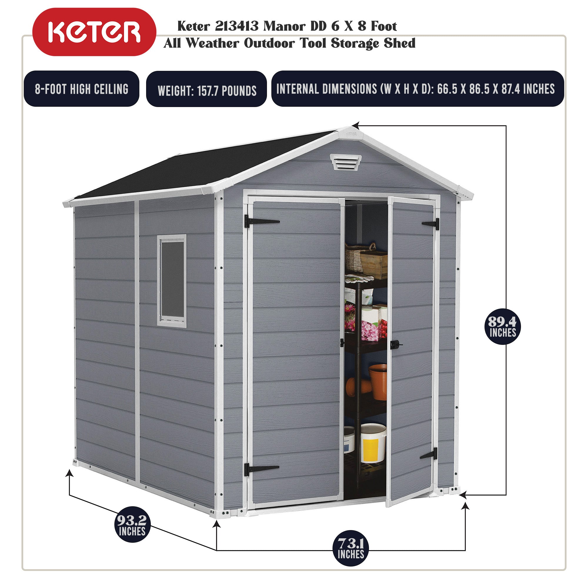 Keter 213413 Manor 6 X 8 Foot Resin All Weather Outdoor Tool Storage Shed, Grey - Smart-nests