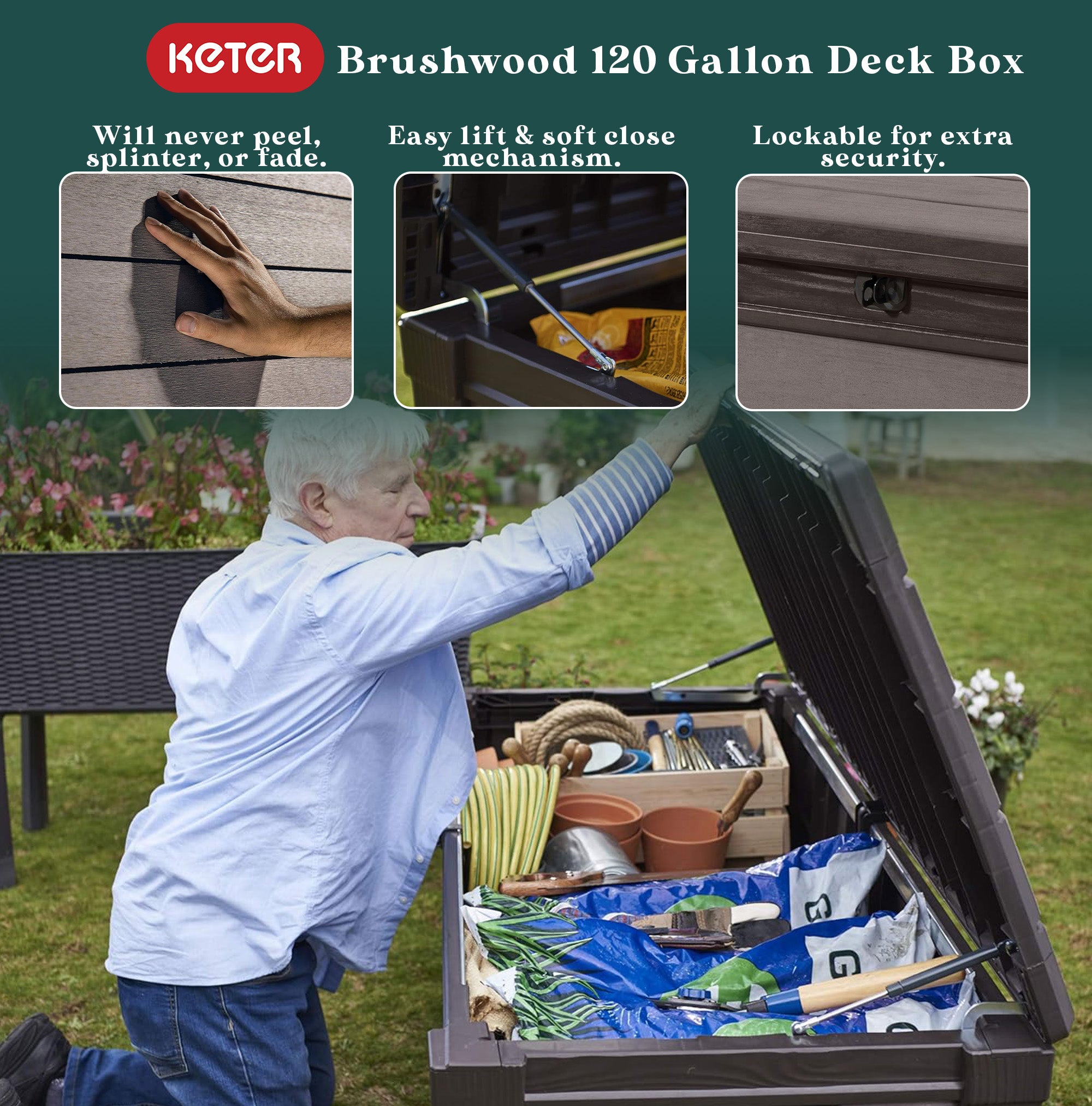 Keter Brushwood 120 Gallon Resin Outdoor Deck Storage Box for Yard Tools, Brown - Smart-nests