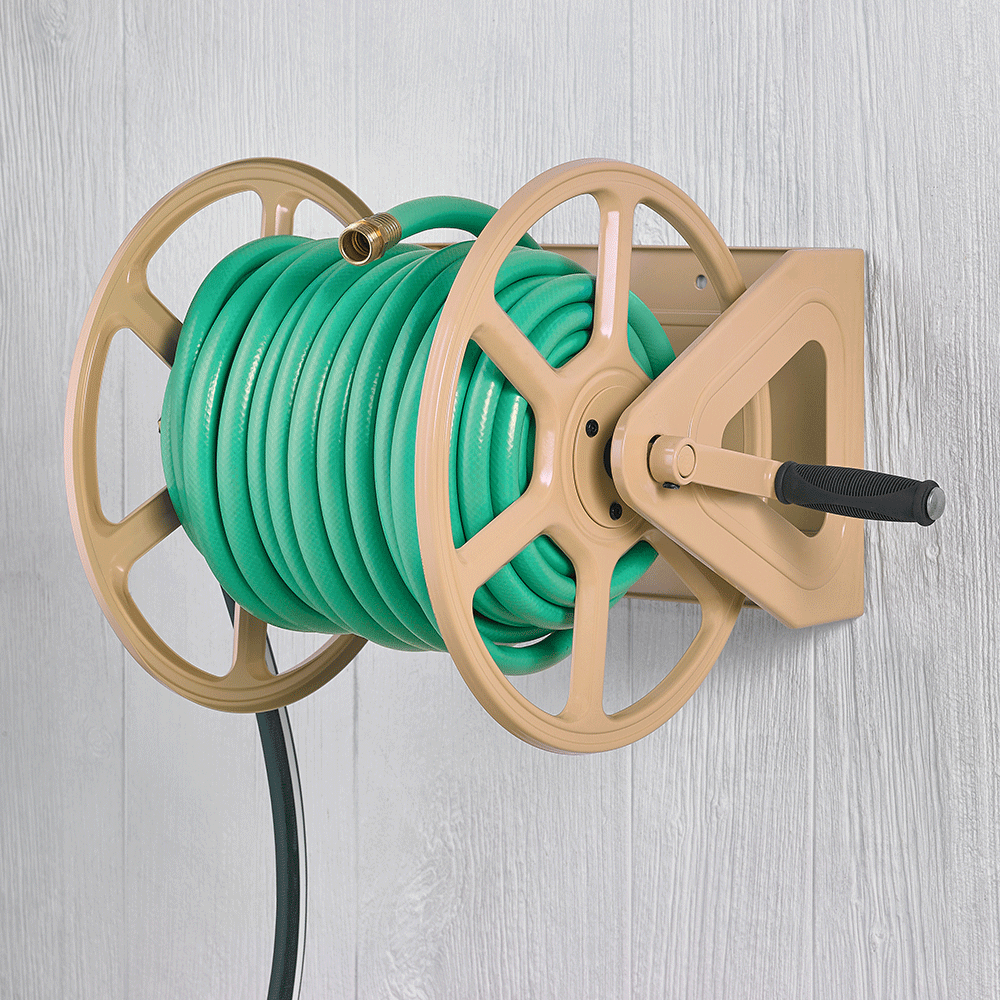 Liberty Garden 200 Foot LBG-709 Steel Dual Mount Garden Hose Storage Reel, Tan - Smart-nests