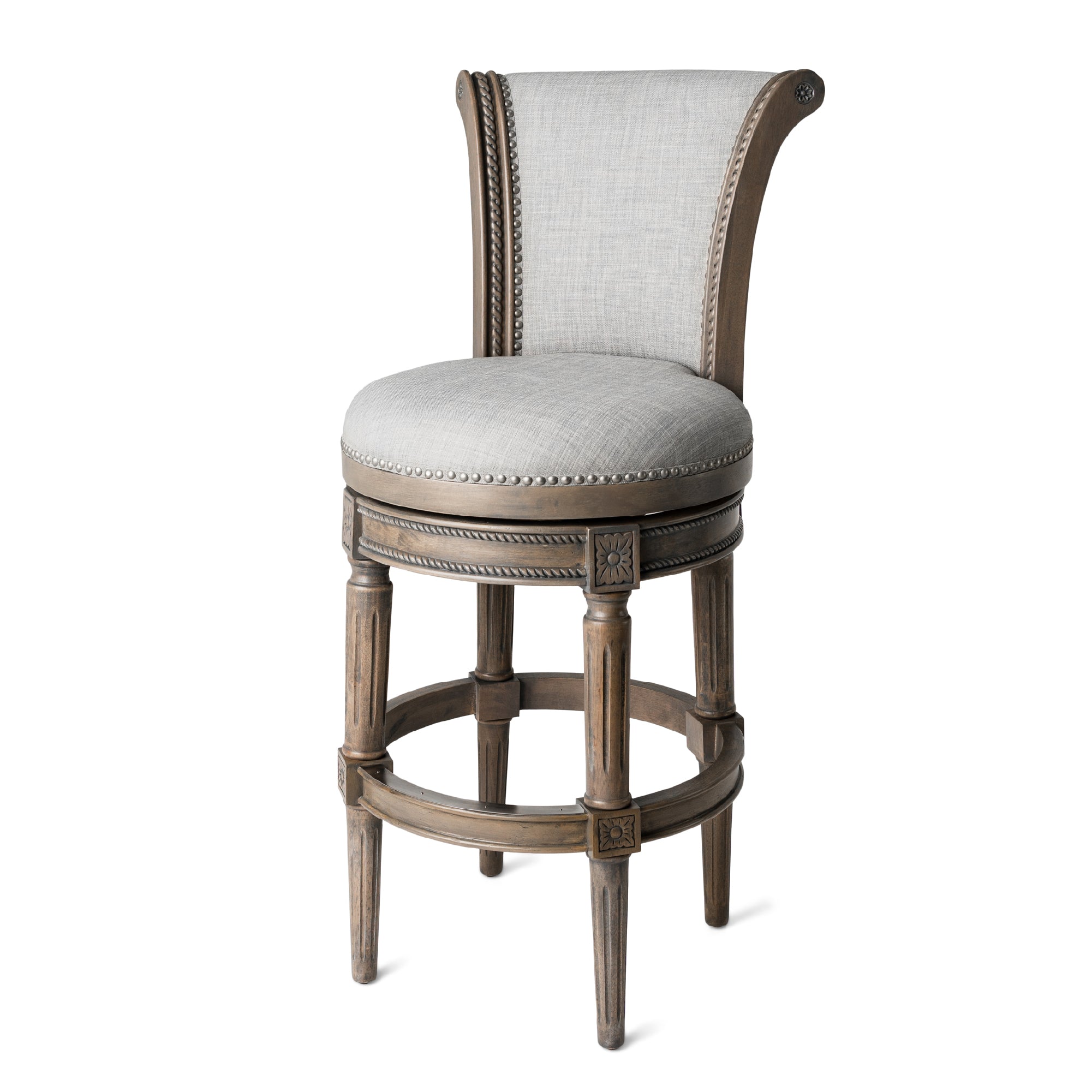 Maven Lane Pullman Bar Stool, Reclaimed Oak Finish w/ Ash Grey Fabric Upholstery - Smart-nests