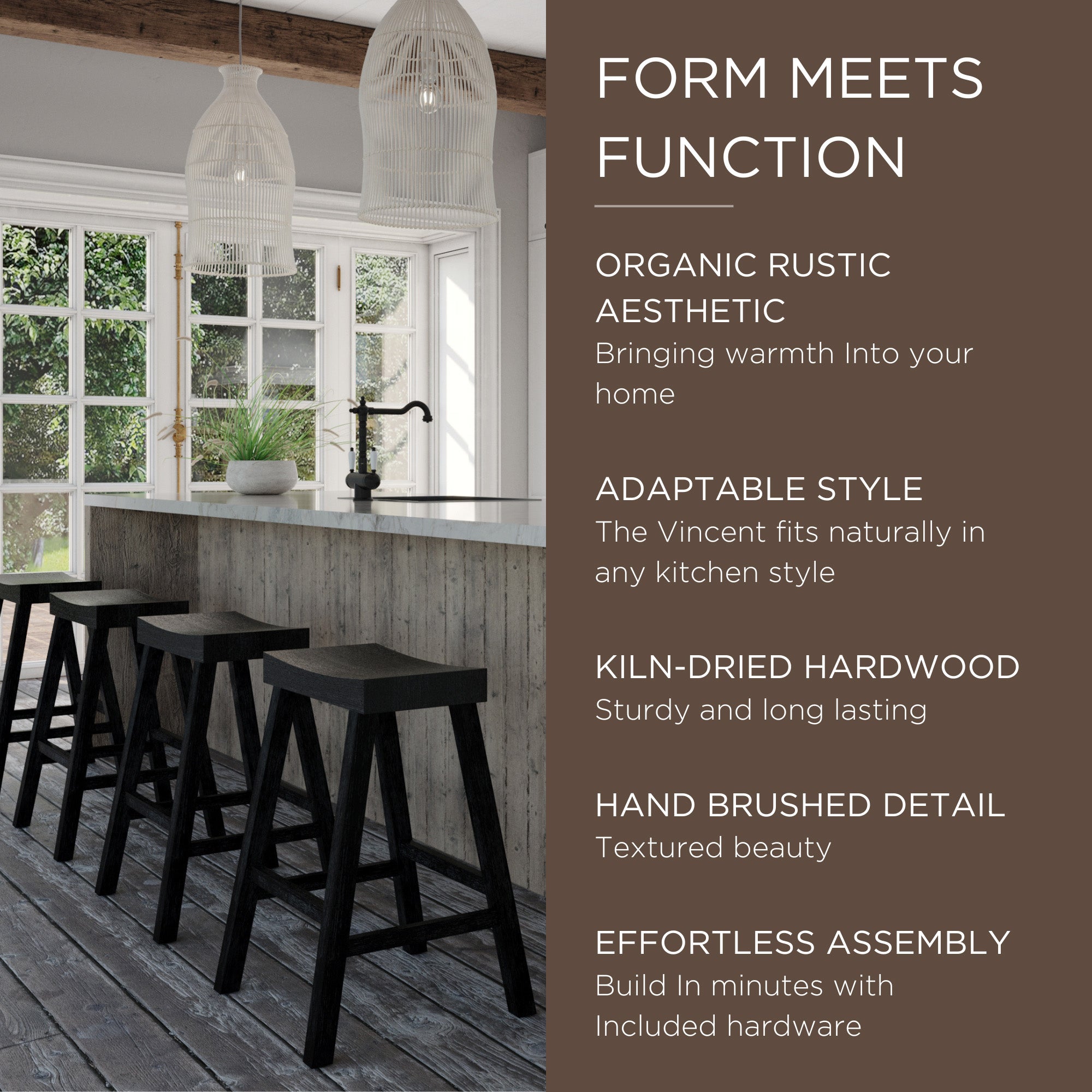 Maven Lane Vincent Wooden Rustic Aesthetic Kitchen Counter Stool, Set of 3 - Smart-nests
