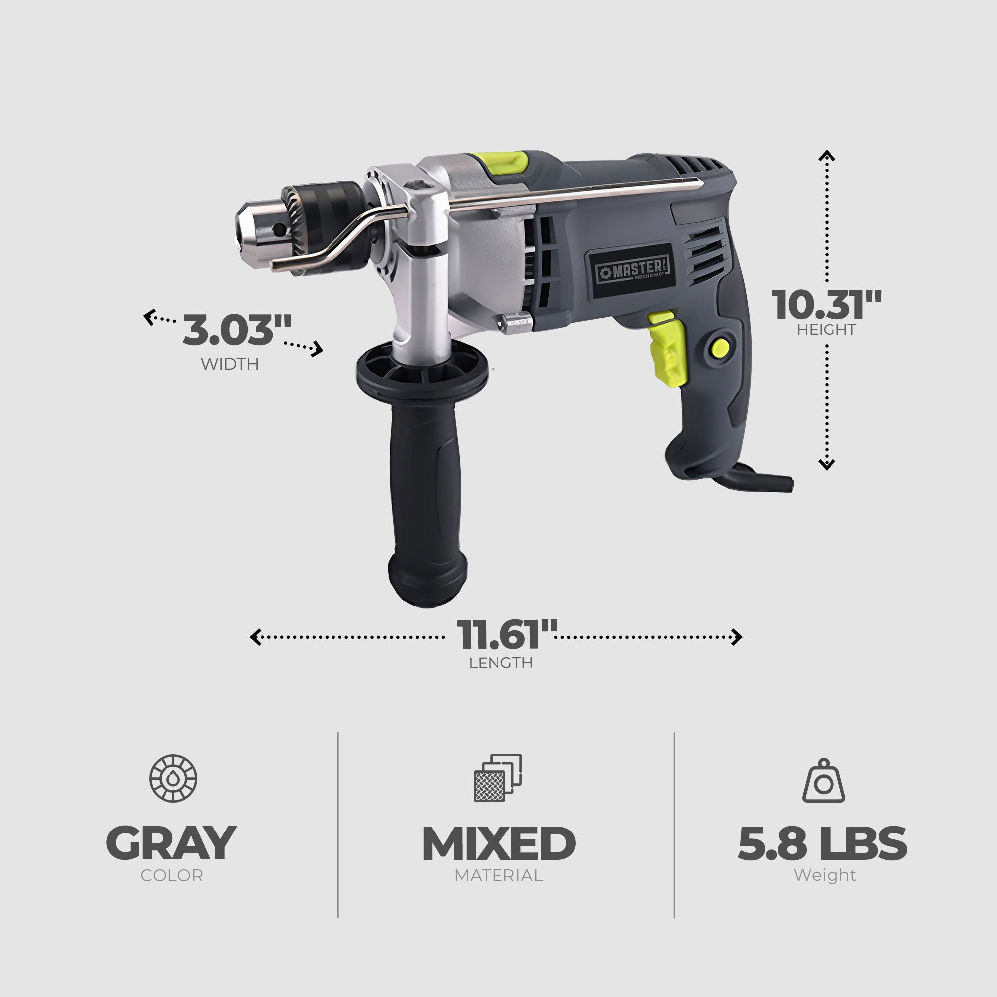 Master Mechanic 7.5 Amp 0.5 Inch Hammer Drill w/ Soft Grip Handle & Metal Gauge - Smart-nests