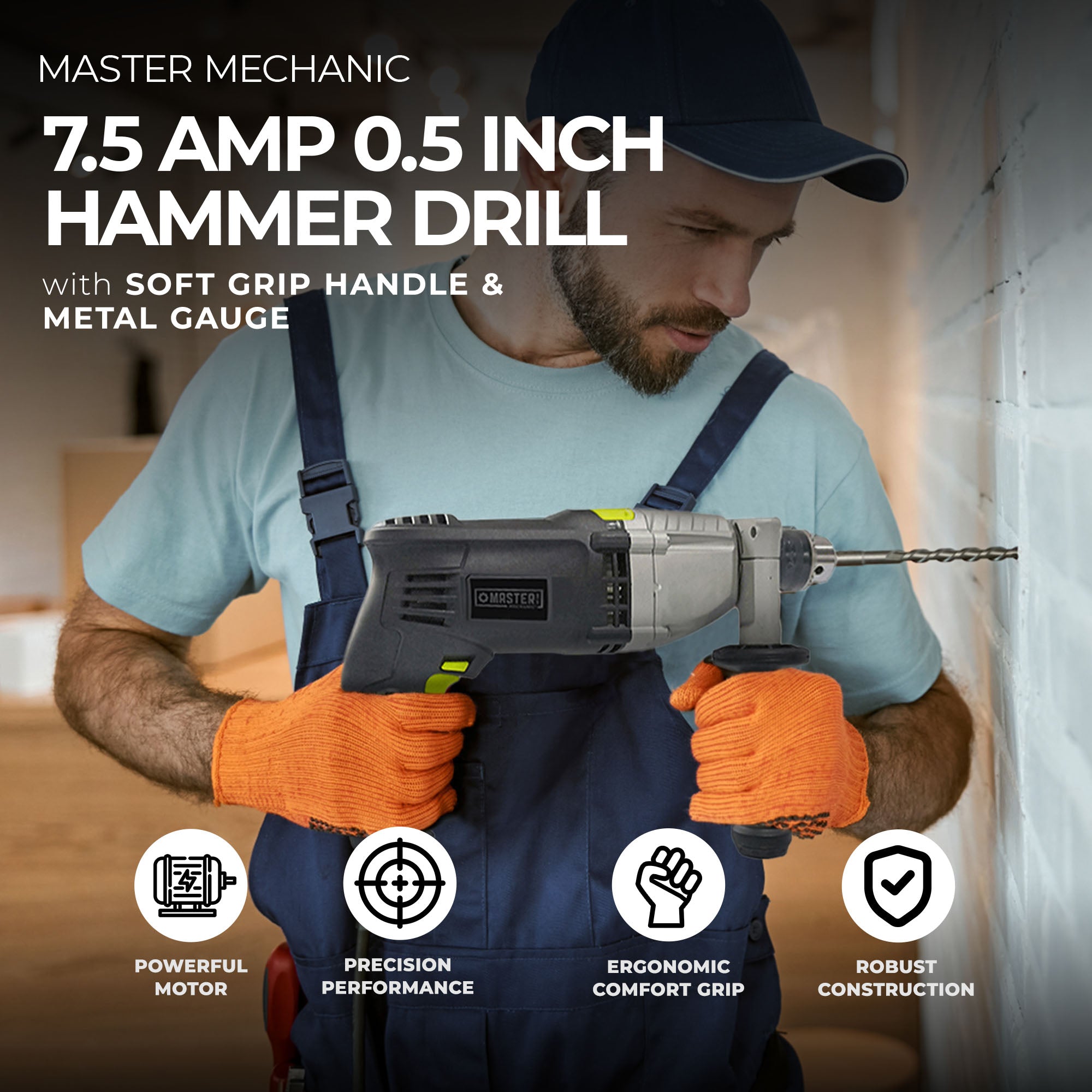 Master Mechanic 7.5 Amp 0.5 Inch Hammer Drill w/ Soft Grip Handle & Metal Gauge - Smart-nests