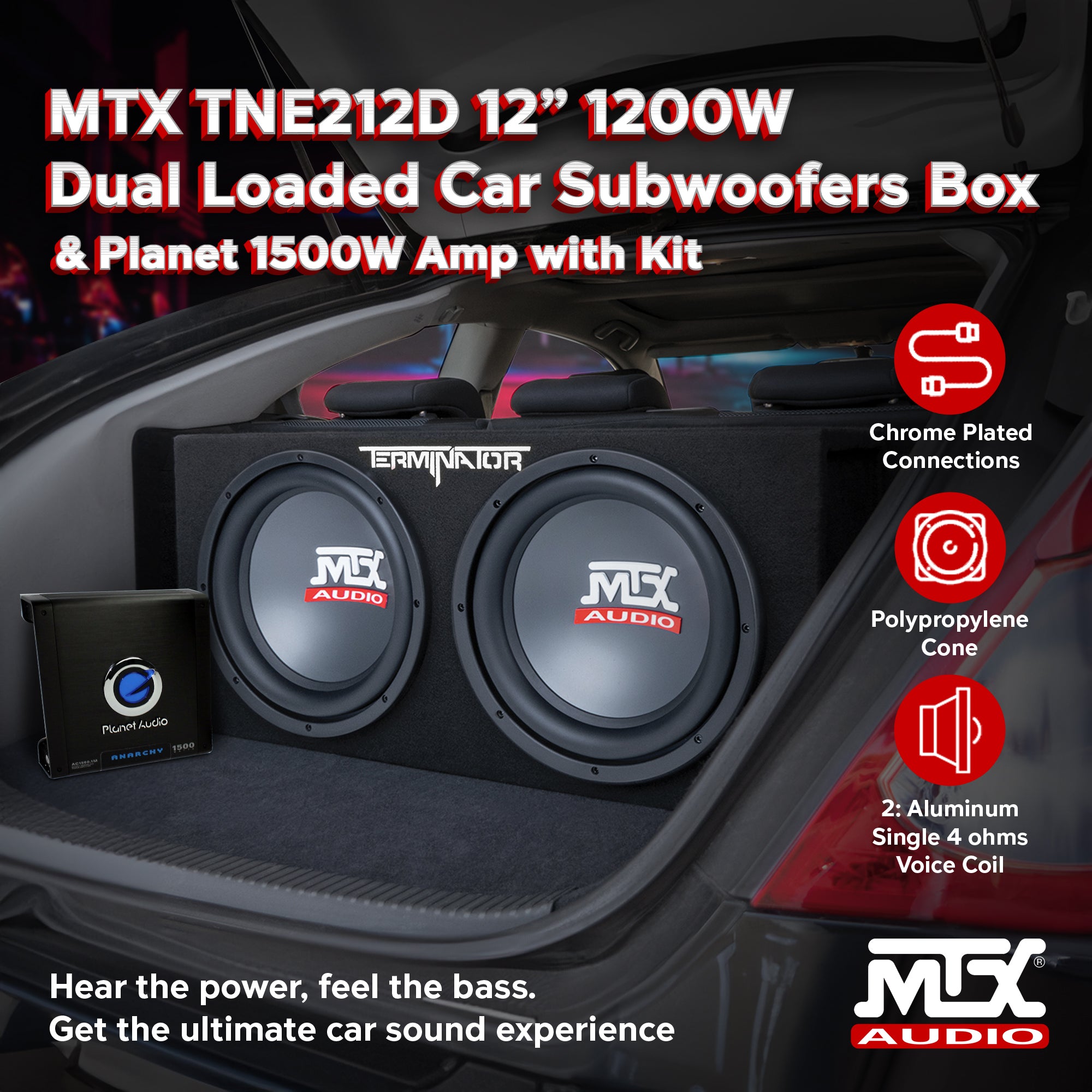 MTX TNE212D 12" 1200W Dual Loaded Car Subwoofers Box & Planet 1500W Amp with Kit - Smart-nests