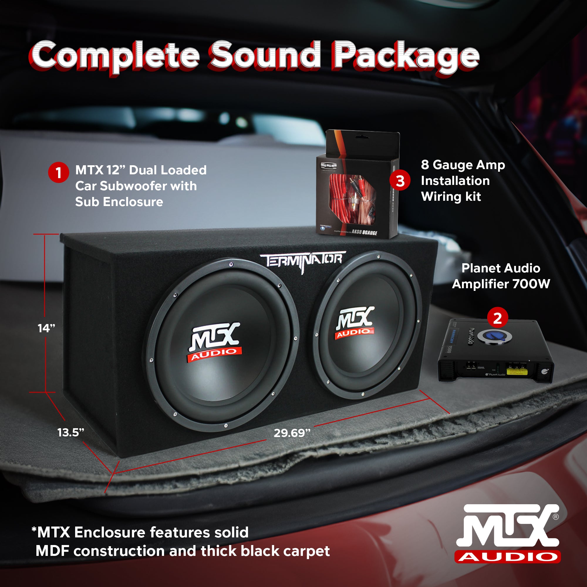 MTX TNE212D 12" 1200W Dual Loaded Car Subwoofers Box & Planet 1500W Amp with Kit - Smart-nests