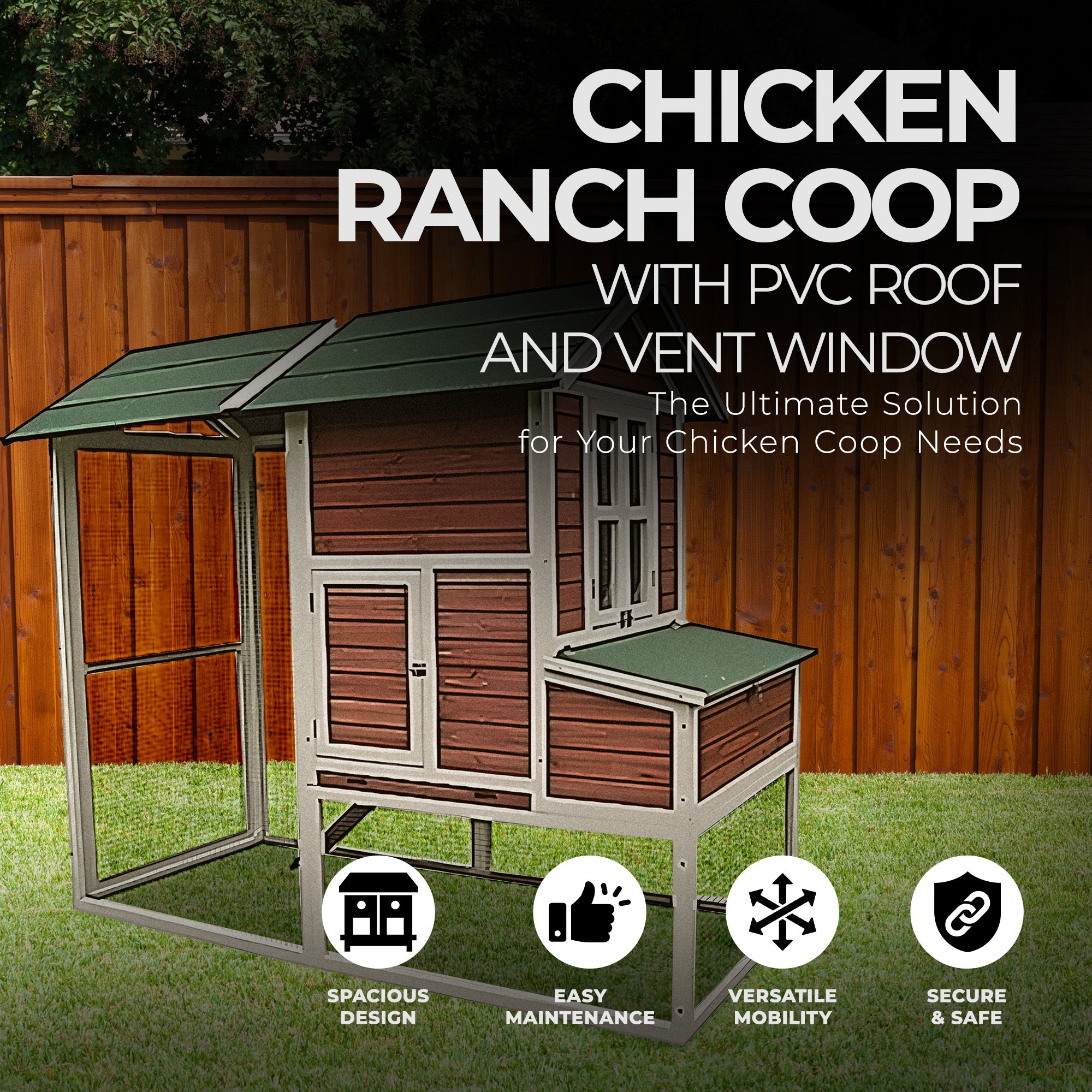 My Backyard Farm Chicken Ranch Coop with PVC Roof and Vent Window, Dark Red - Smart-nests