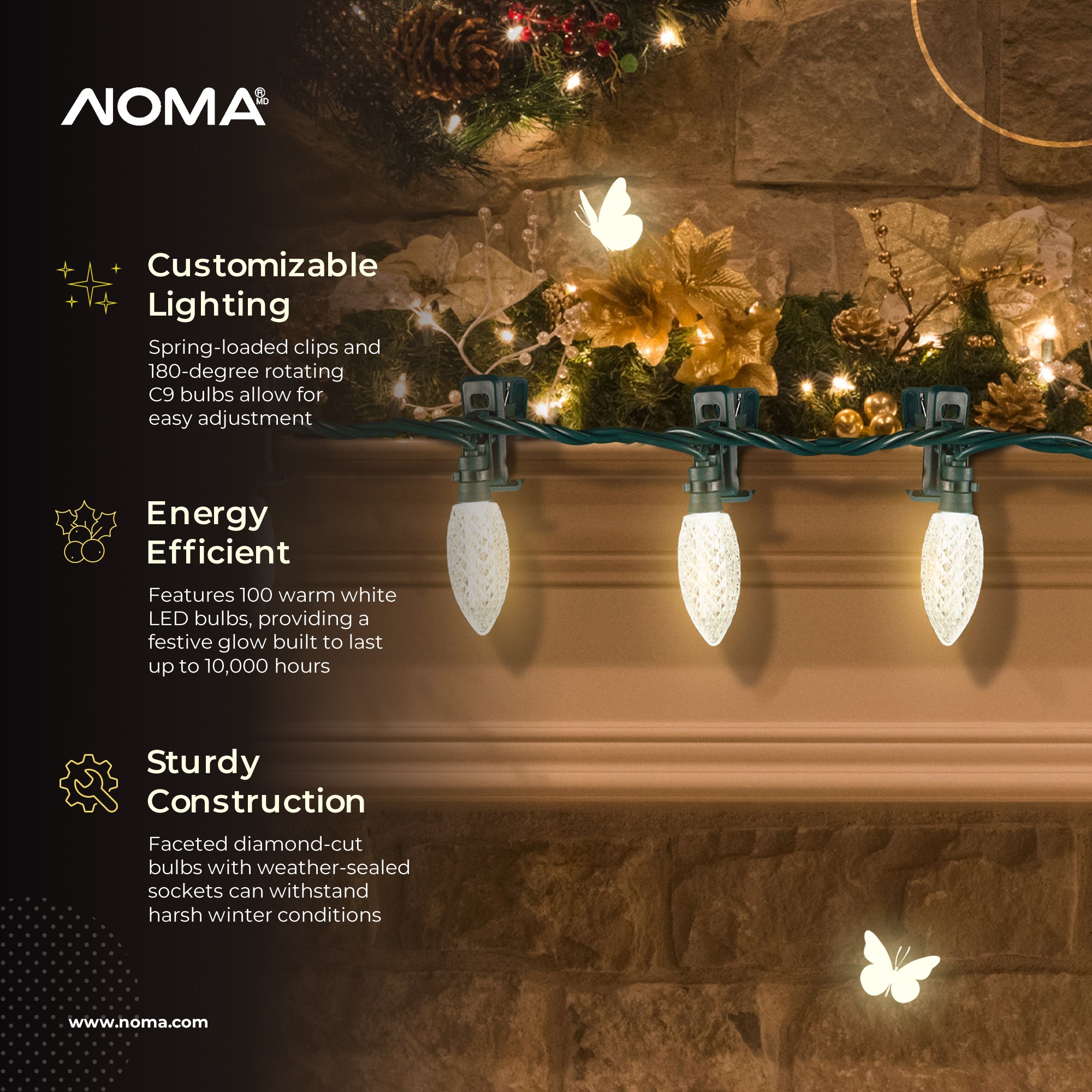 NOMA Quick Clip C9 LED 100 Bulbs Christmas String Lights, White Bulbs (3 Pack) - Smart-nests
