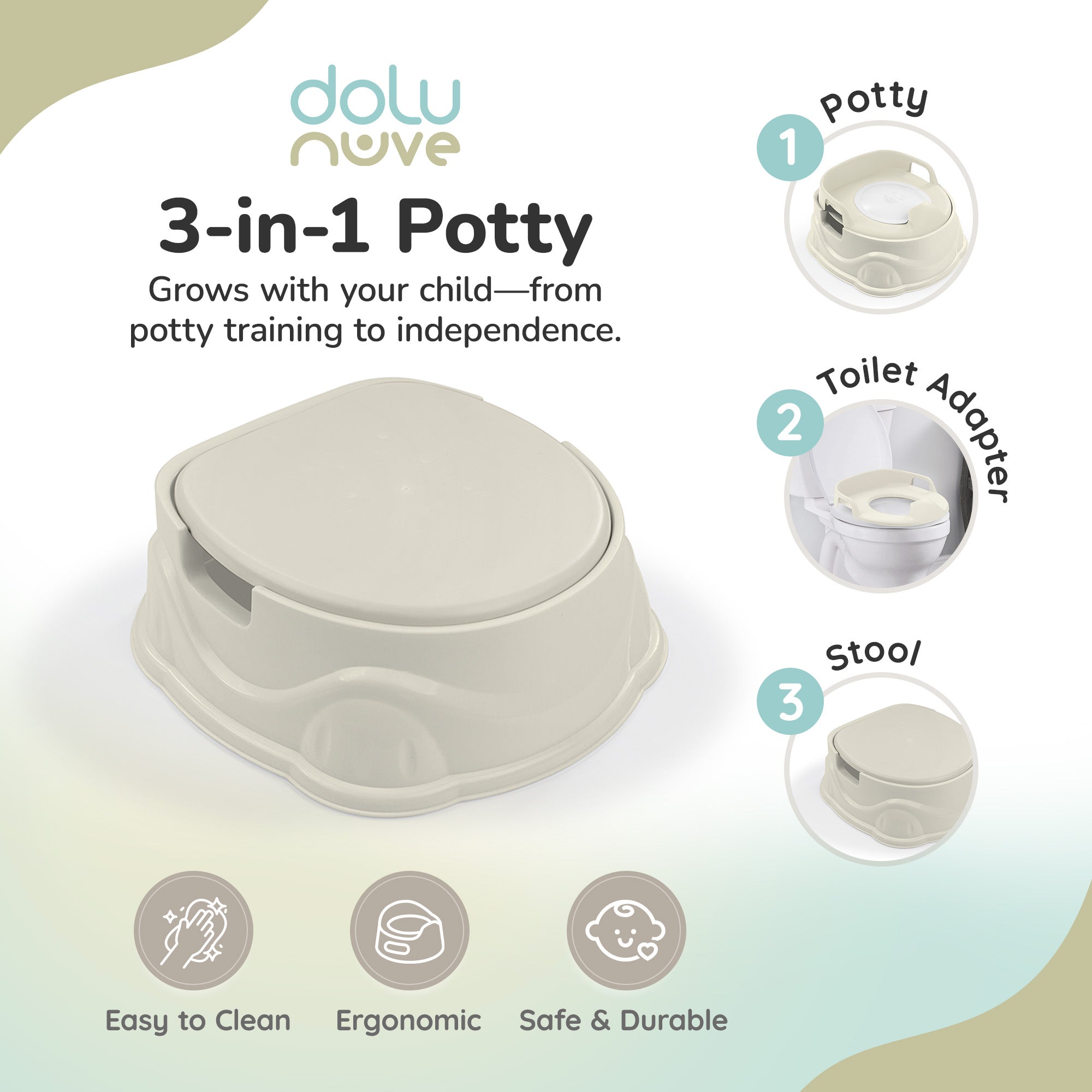 Dolu Nuve 3-in-1 Potty, Toilet Adapter, and Step Stool, Ergonomic Design, Beige - Smart-nests