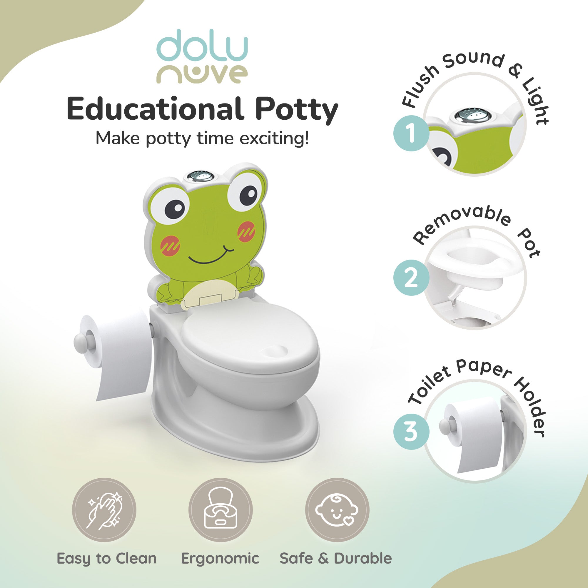 Dolu Nuve Frog Baby Toddler Potty Chair Light Sound Toilet Paper Holder, White - Smart-nests