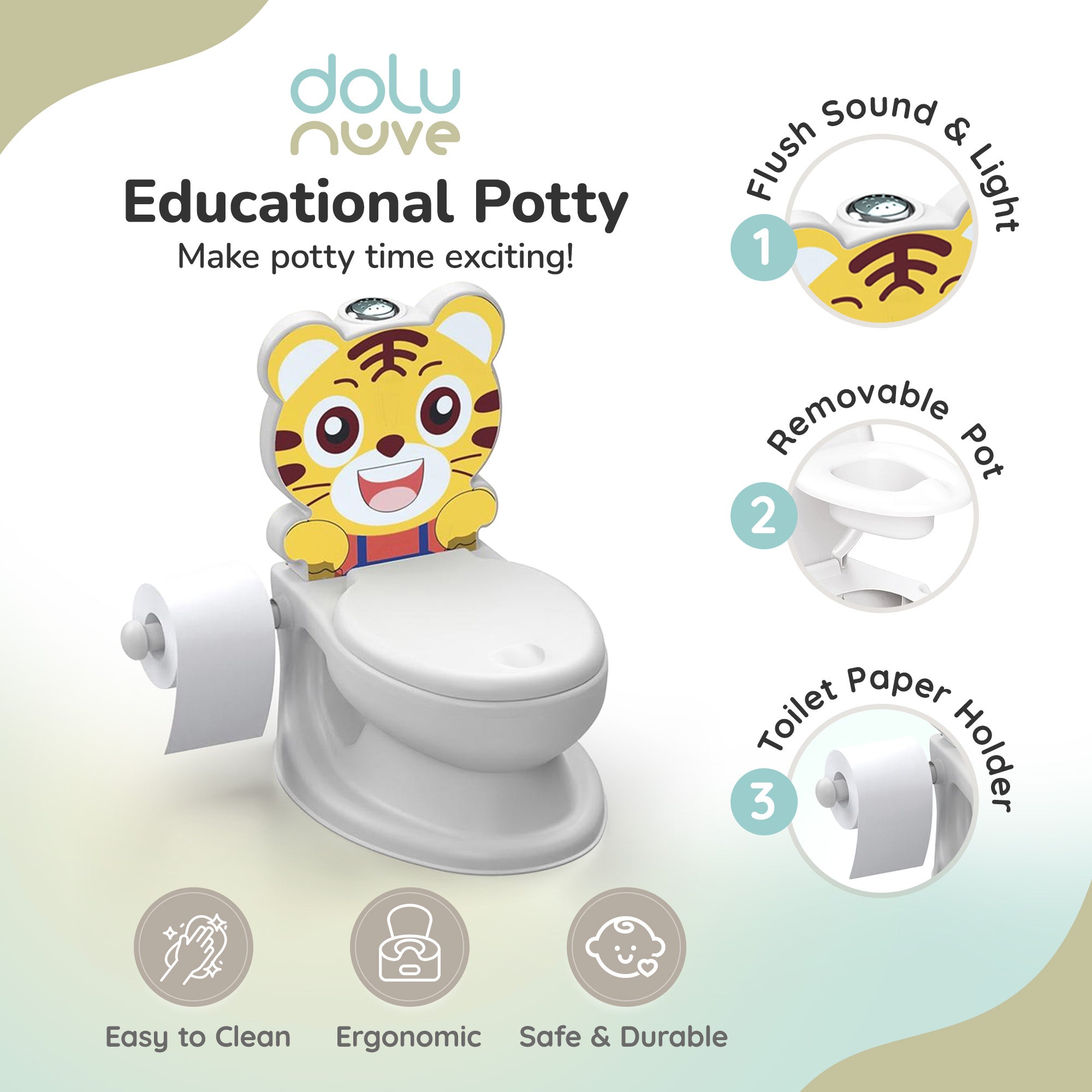 Dolu Nuve Tiger Baby Toddler Potty Chair Light Sound Toilet Paper Holder, White - Smart-nests