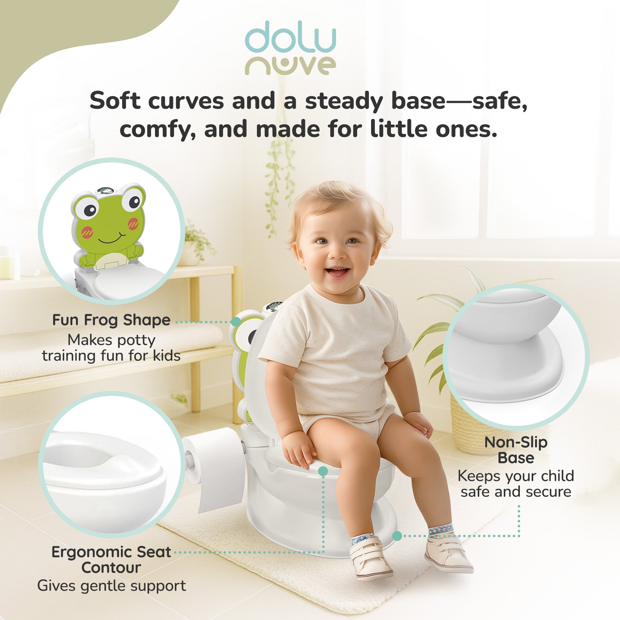 Dolu Nuve Frog Baby Toddler Potty Chair Light Sound Toilet Paper Holder, White - Smart-nests