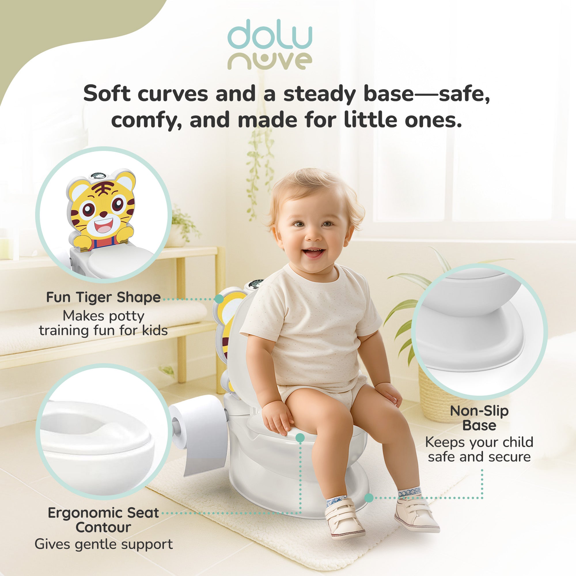 Dolu Nuve Tiger Baby Toddler Potty Chair Light Sound Toilet Paper Holder, White - Smart-nests
