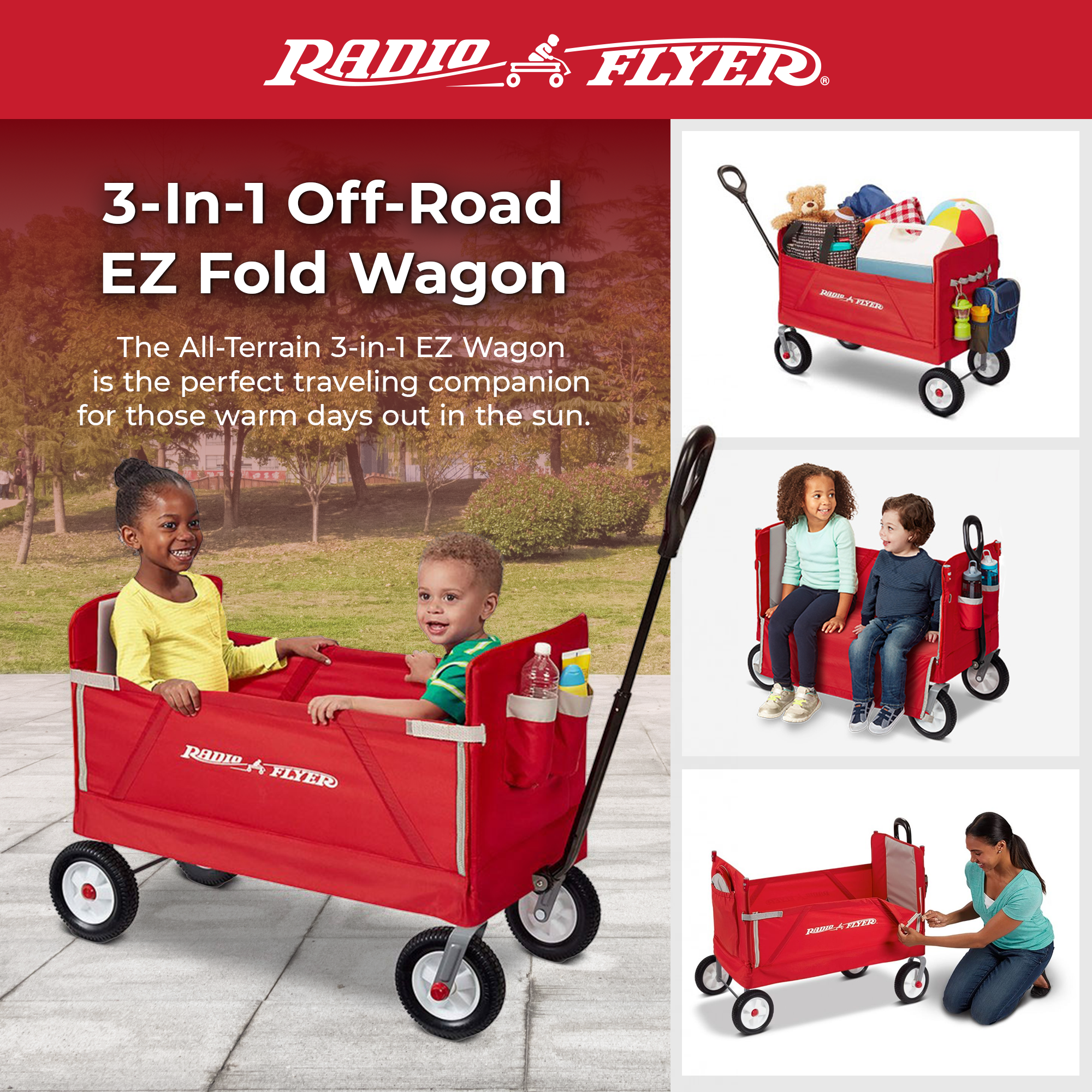 Radio Flyer All Terrain 3-in-1 Off Road EZ Fold Wagon for Kids and Cargo, Red - Smart-nests
