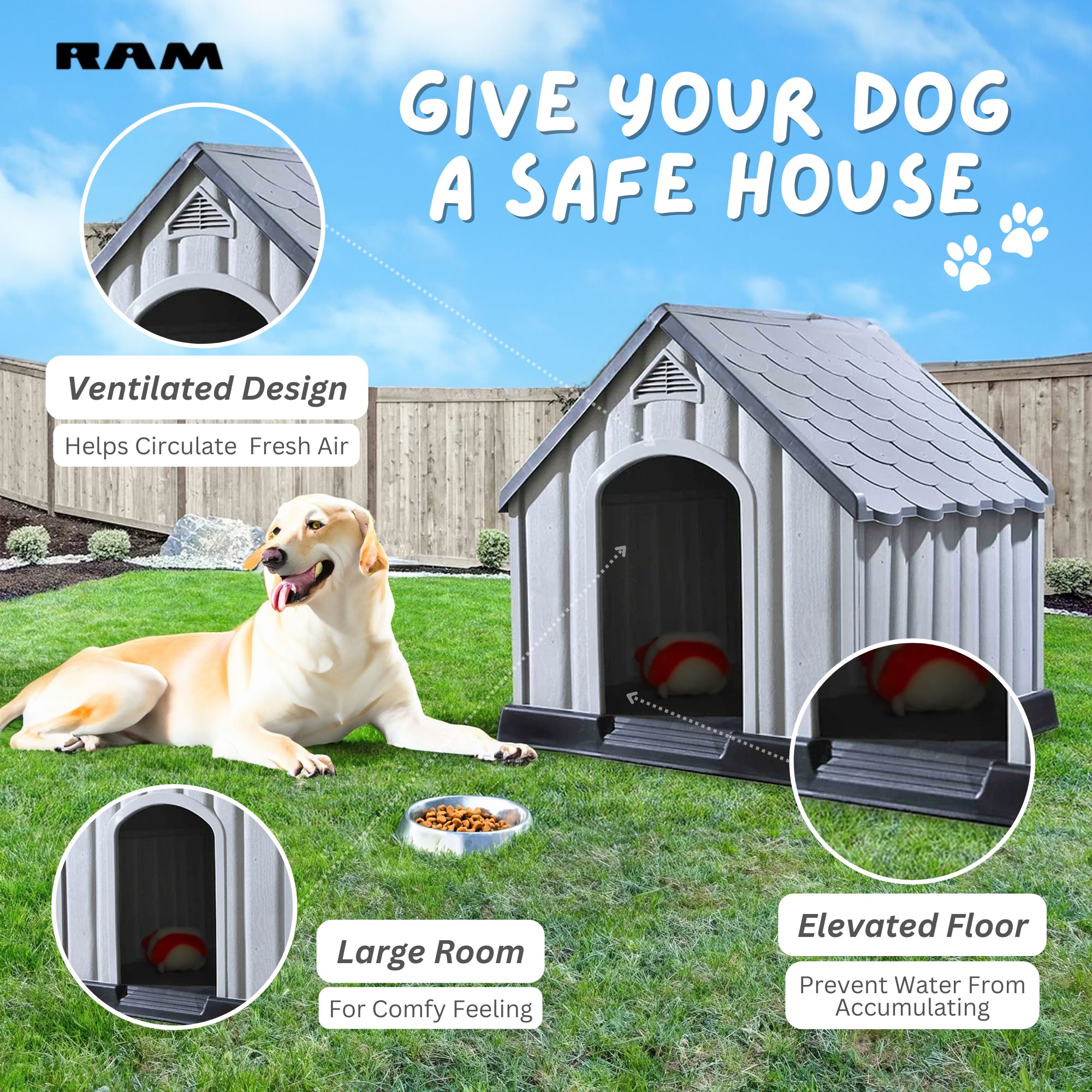 Ram Quality Products Outdoor Pet House Large Waterproof Dog Kennel Shelter, Gray - Smart-nests
