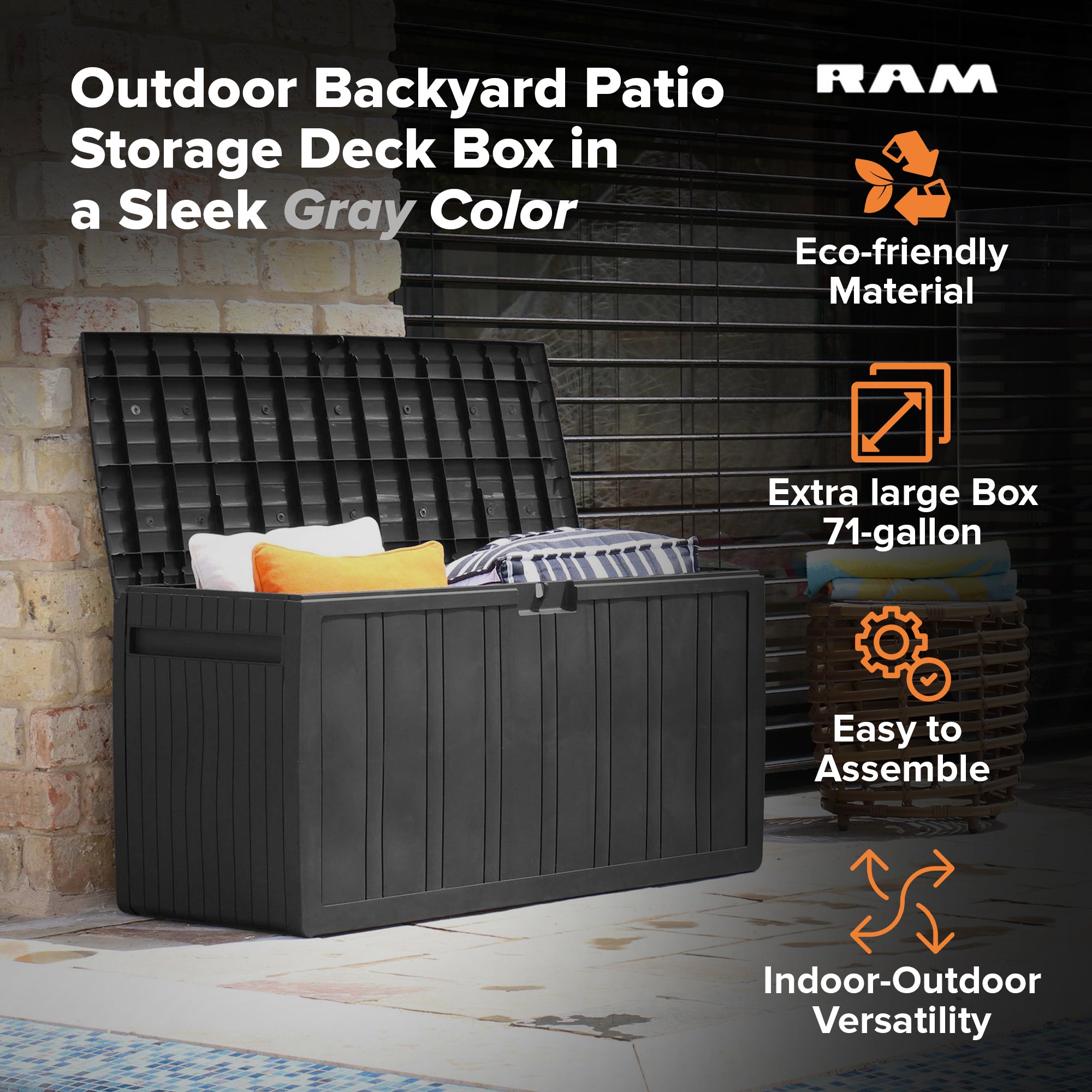 Ram Quality Products Outdoor Backyard Patio Storage Deck Box, 71 Gallon, Gray - Smart-nests