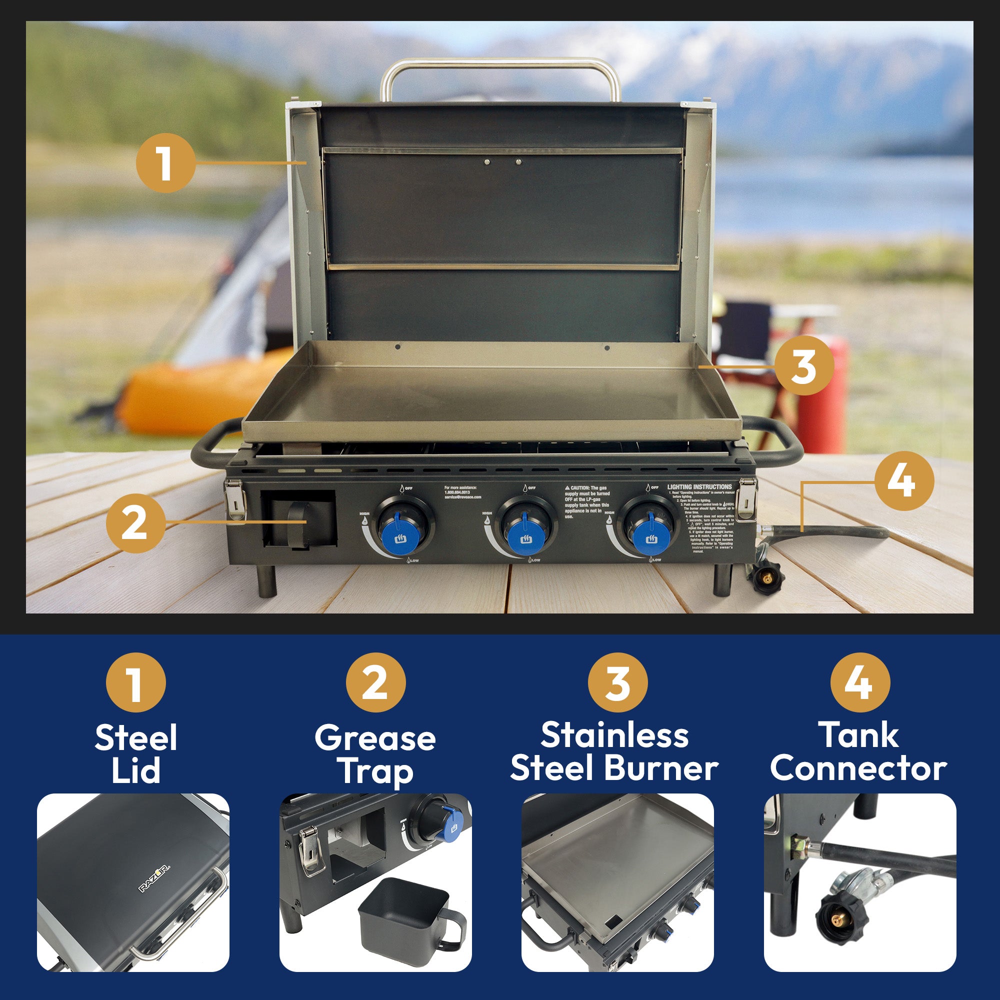 Razor 34.5" 3 Burner Portable Tabletop Griddle for Backyard Cooking and Camping - Smart-nests