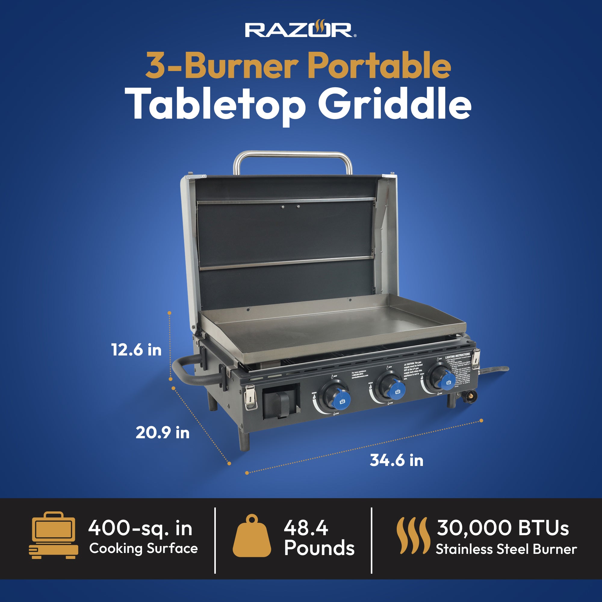 Razor 34.5" 3 Burner Portable Tabletop Griddle for Backyard Cooking and Camping - Smart-nests