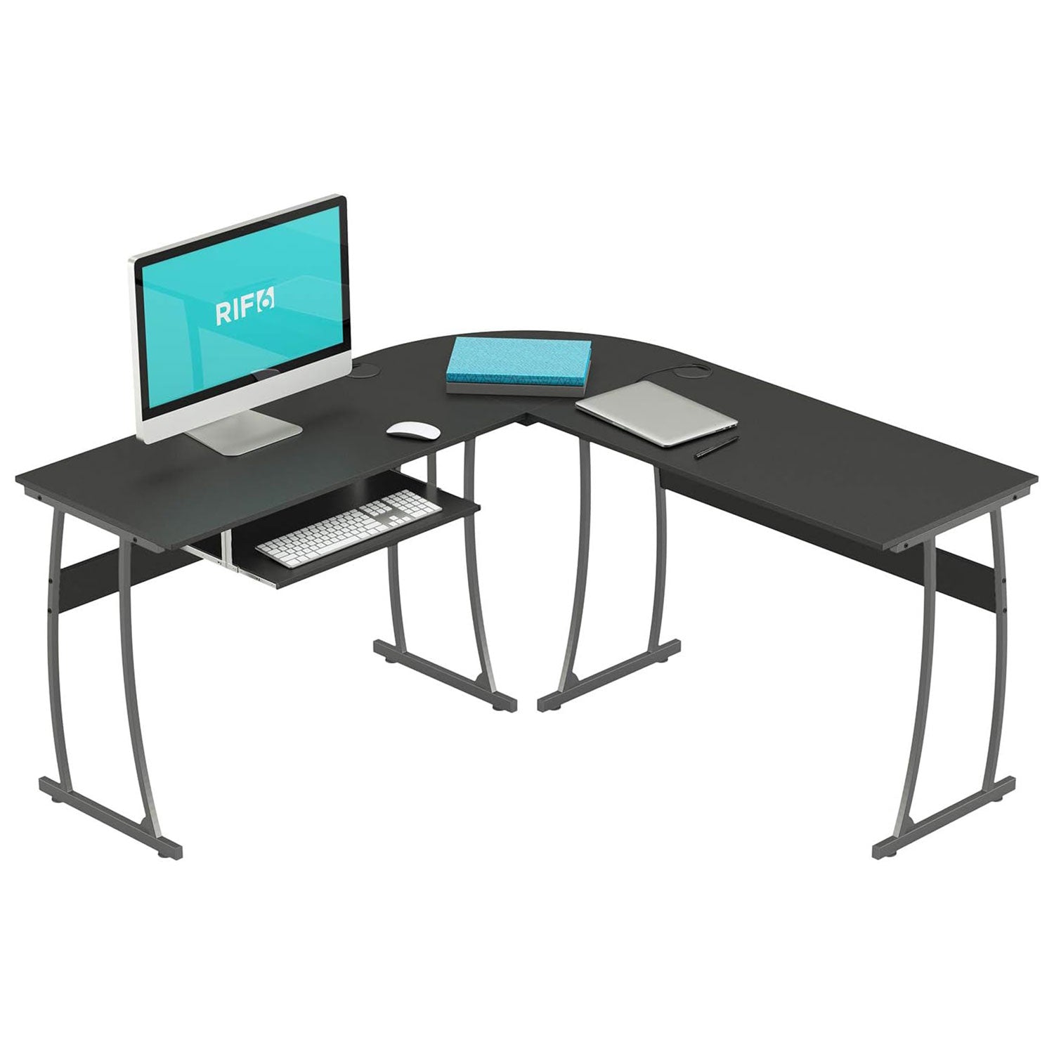 RIF6 L Shaped Modern Computer Office Desk w/ Keyboard Tray, Easy Assembly, Black - Smart-nests