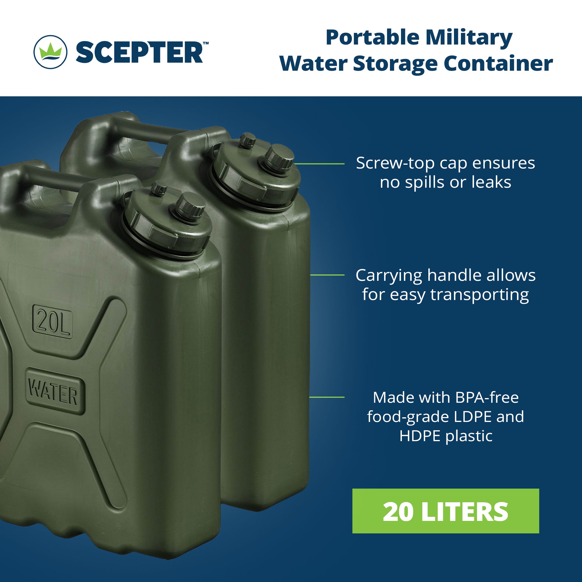 Scepter BPA Durable 5 Gallon Portable Water Storage Container, Green (2 Pack) - Smart-nests