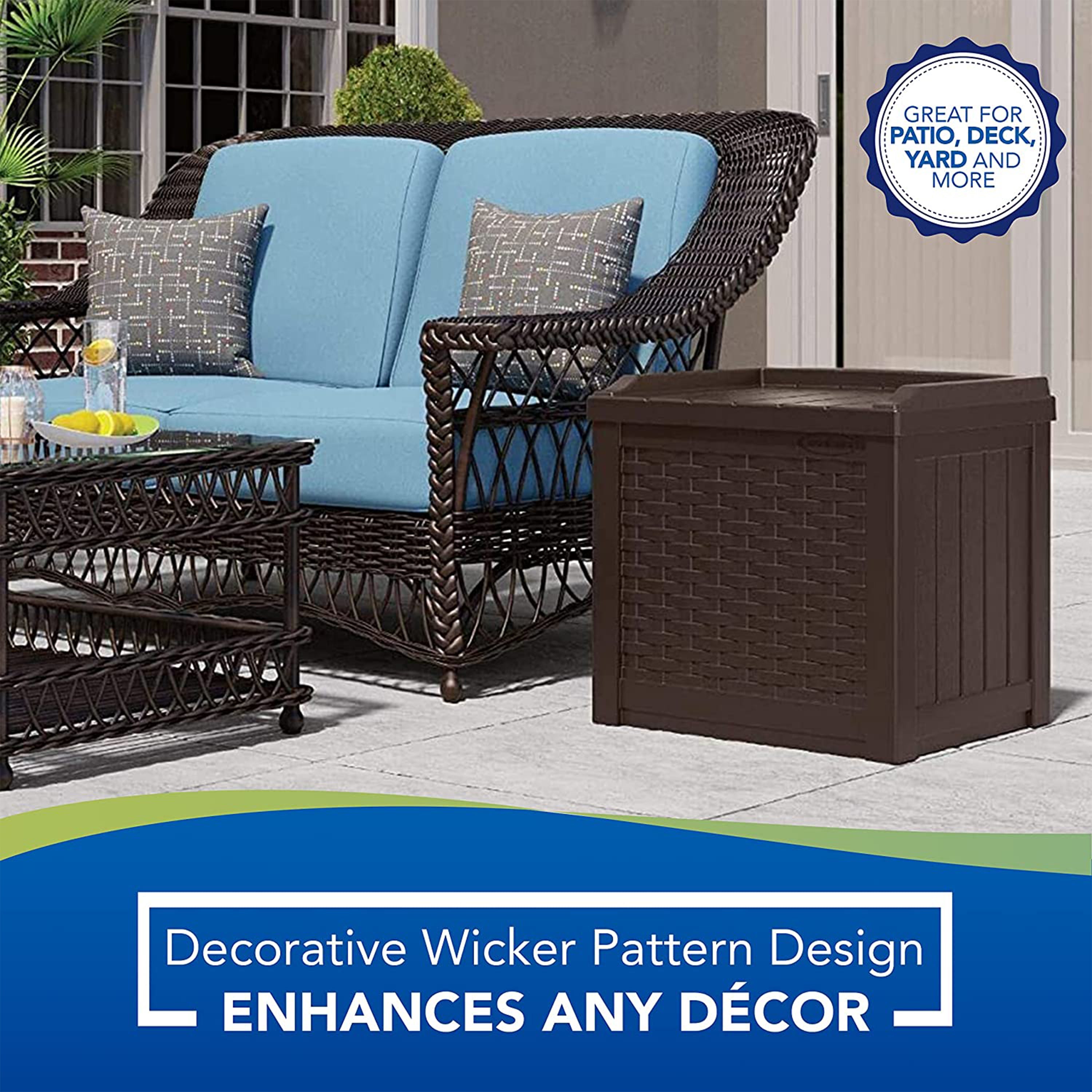 Suncast 22 Gallon Outdoor Patio Small Deck Chest Box with Storage Seat, Java - Smart-nests