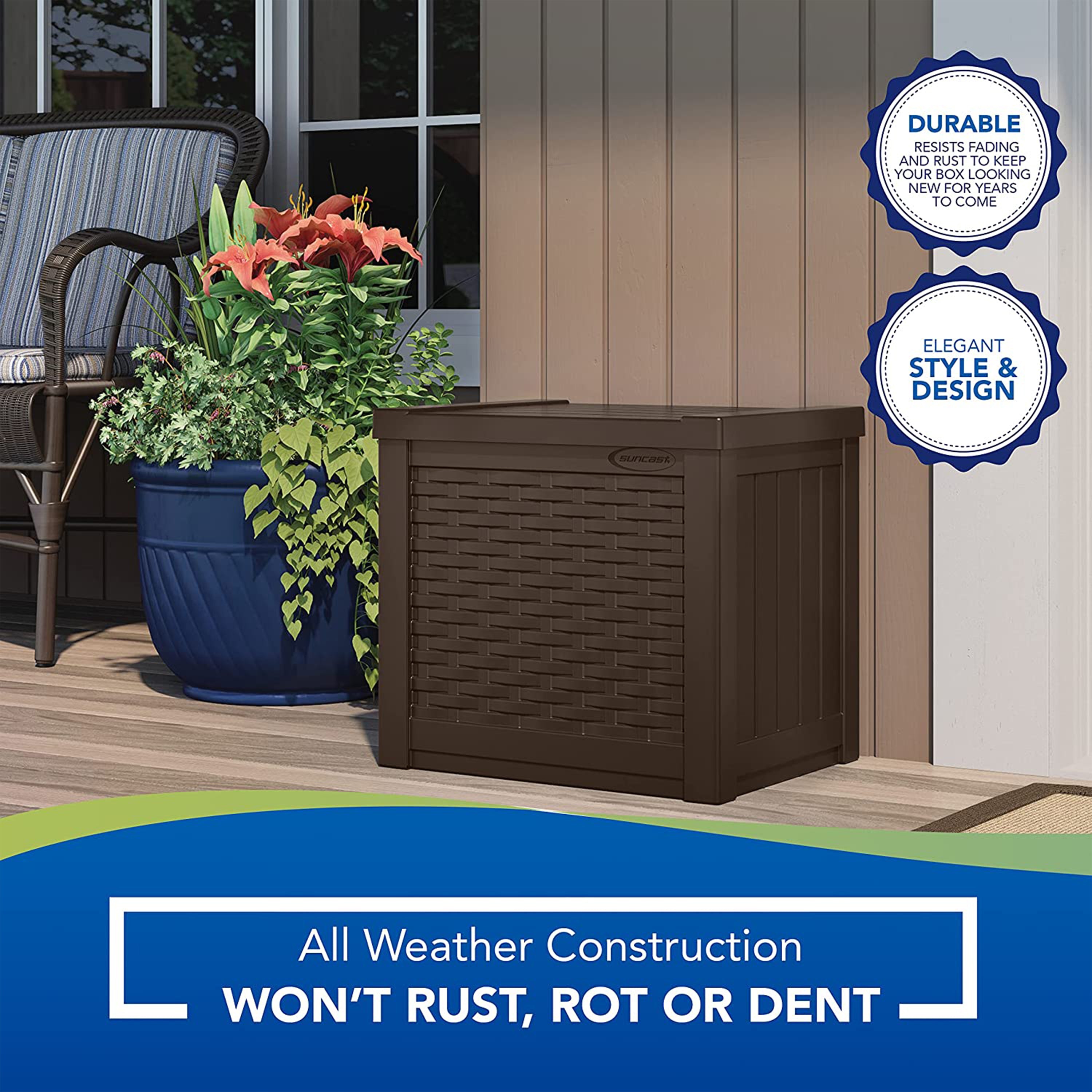 Suncast 22 Gallon Outdoor Patio Small Deck Chest Box with Storage Seat, Java - Smart-nests