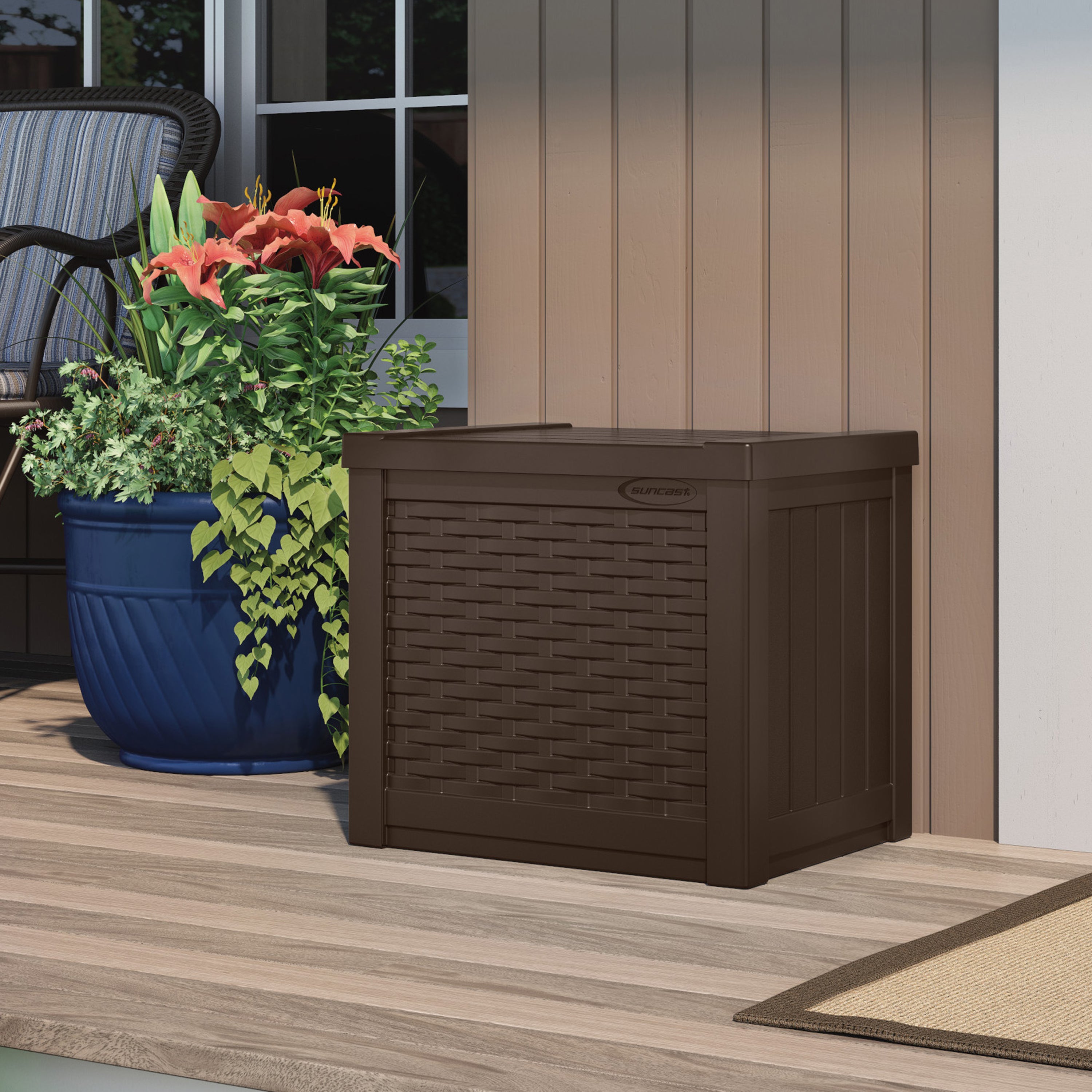 Suncast 22 Gallon Outdoor Patio Small Deck Chest Box with Storage Seat, Java - Smart-nests