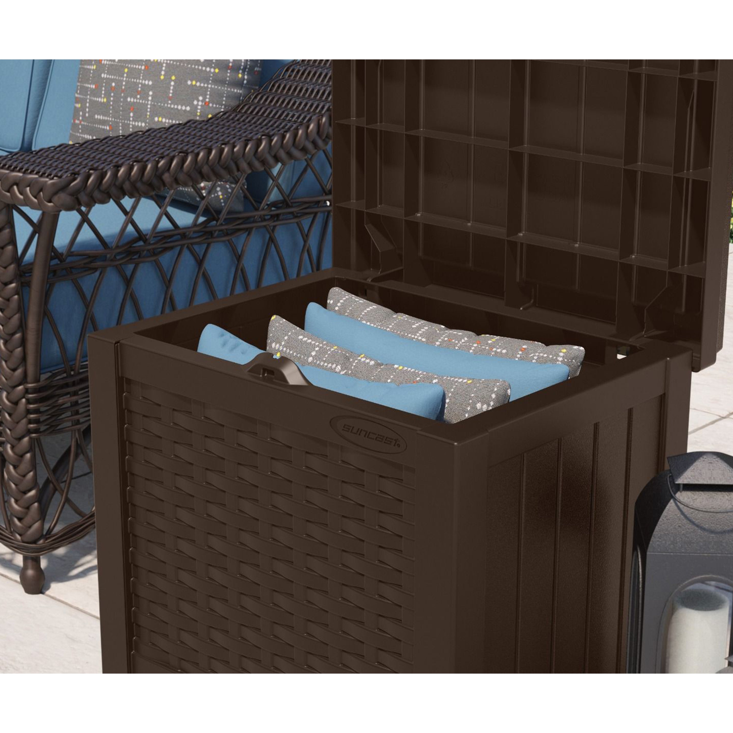 Suncast 22 Gallon Outdoor Patio Small Deck Chest Box with Storage Seat, Java - Smart-nests