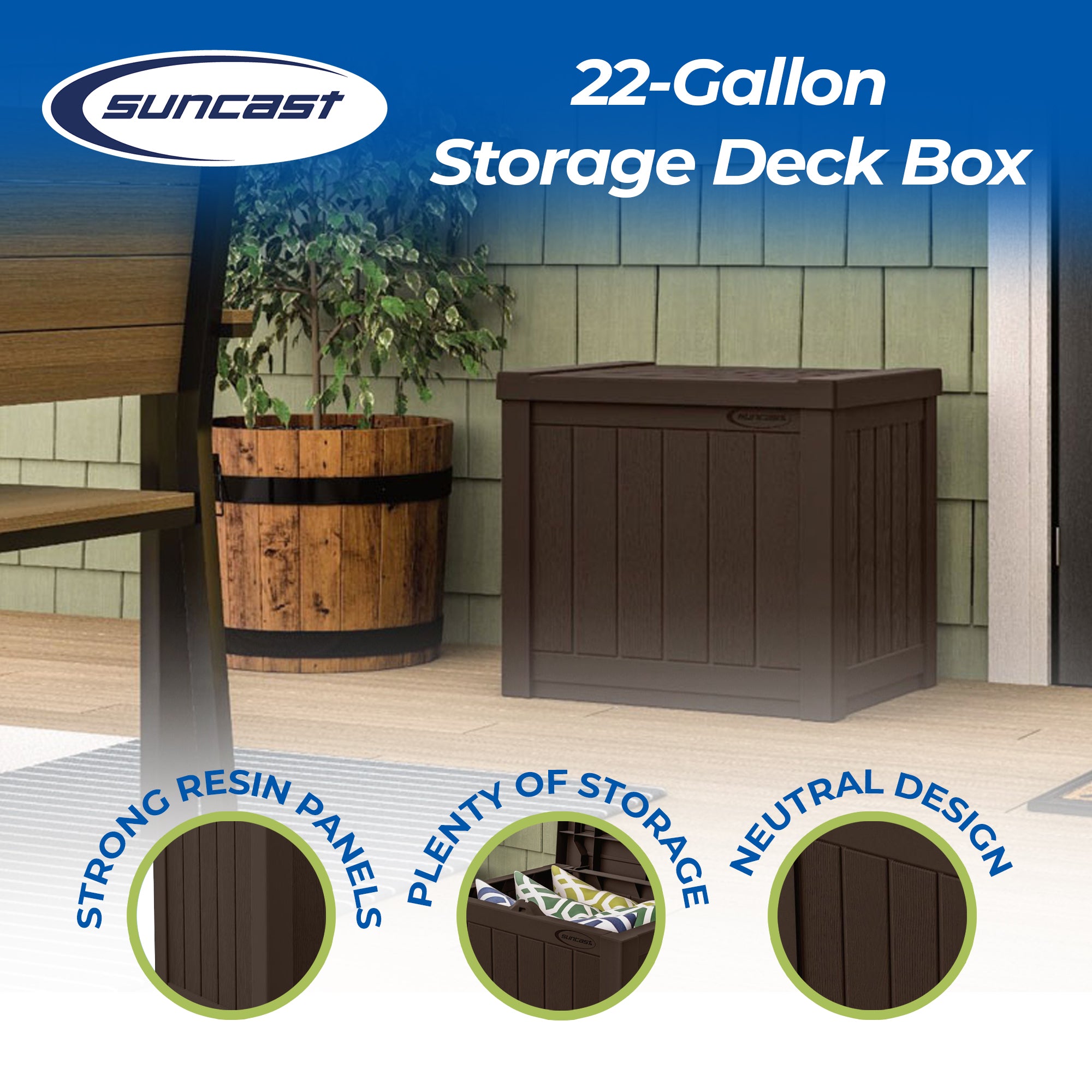 Suncast SS500J 22-Gallon Indoor Outdoor Resin Patio Storage Chest Deck Box, Java - Smart-nests