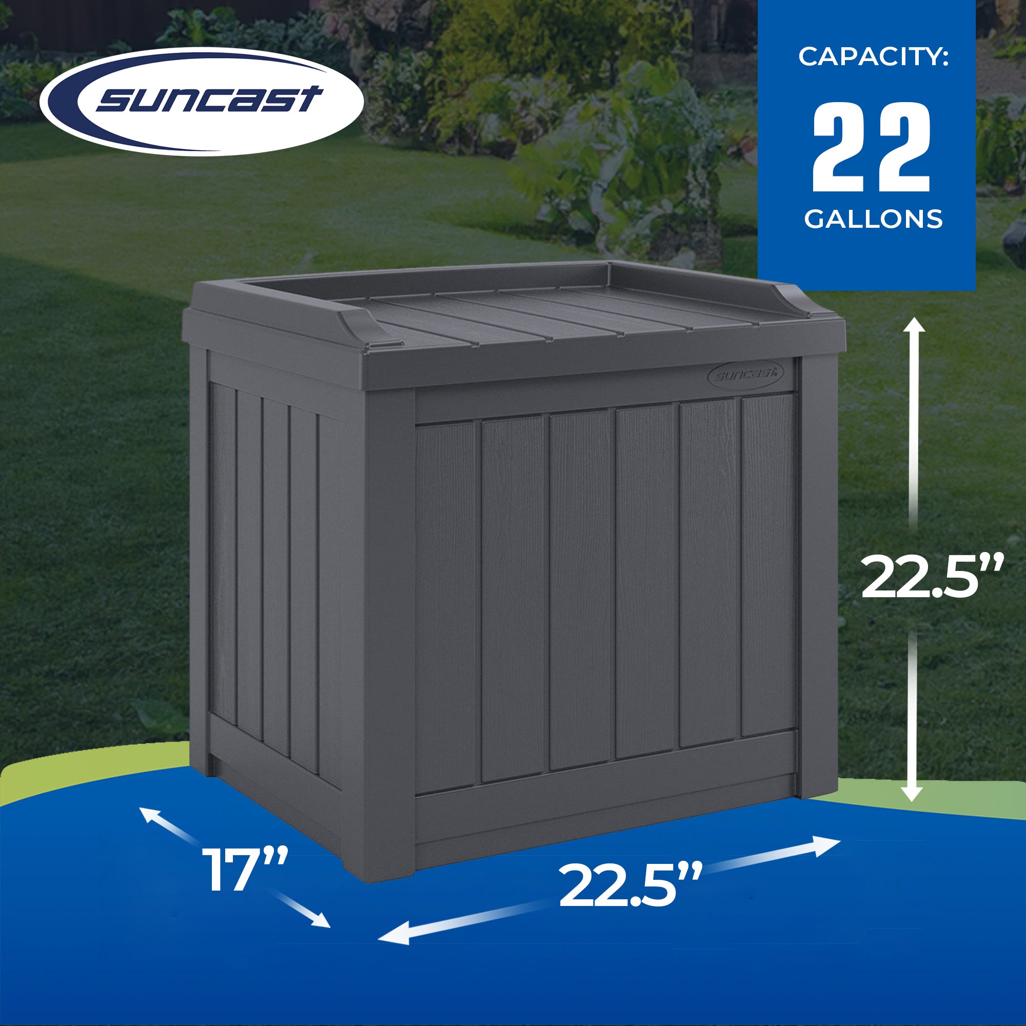 Suncast 22 Gallon Outdoor Patio Small Deck Box with Storage Seat, Cyberspace - Smart-nests
