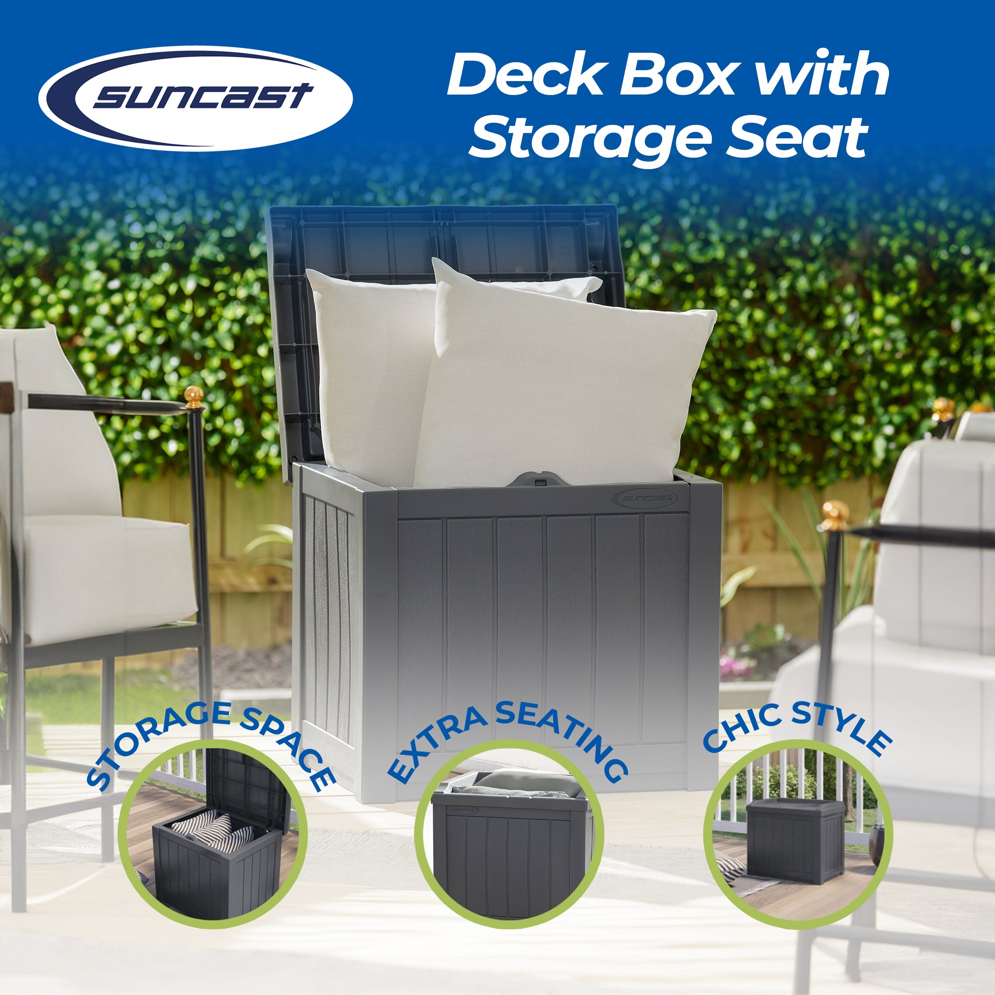 Suncast 22 Gallon Outdoor Patio Small Deck Box with Storage Seat, Cyberspace - Smart-nests