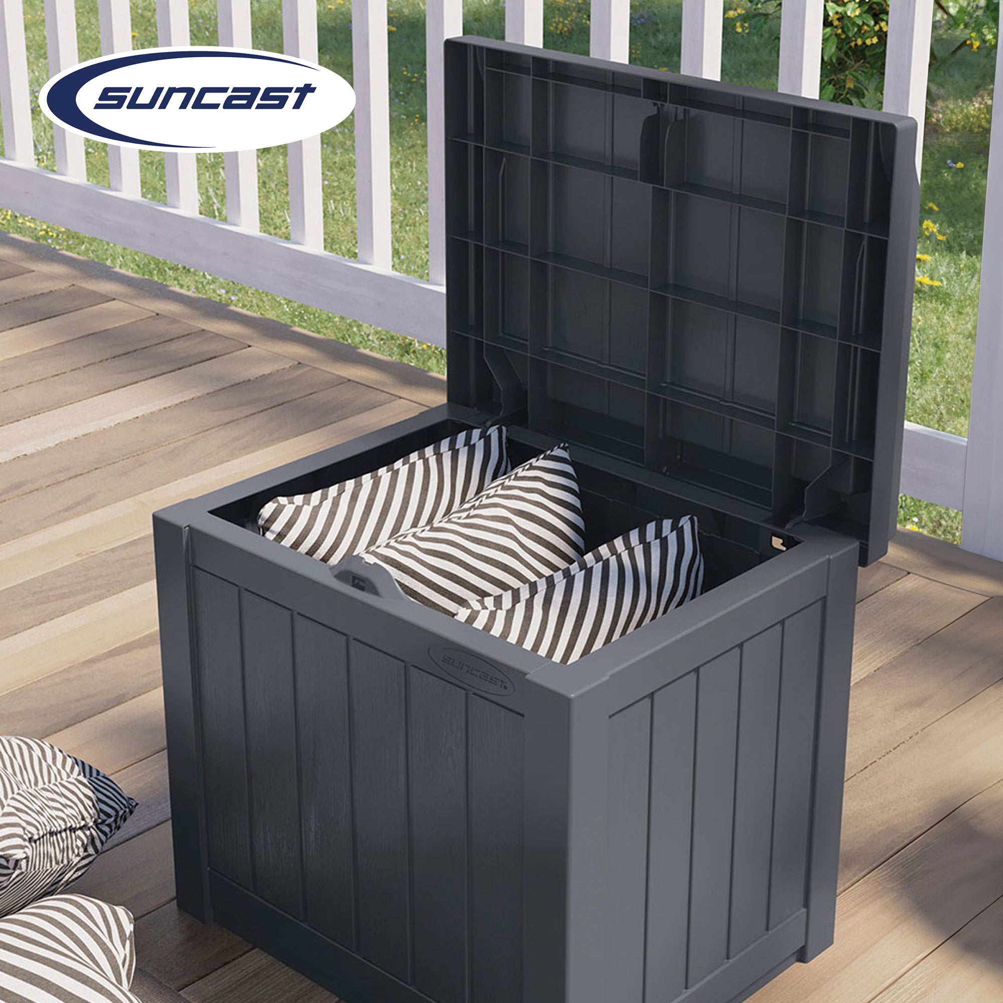 Suncast 22 Gallon Outdoor Patio Small Deck Box with Storage Seat, Cyberspace - Smart-nests