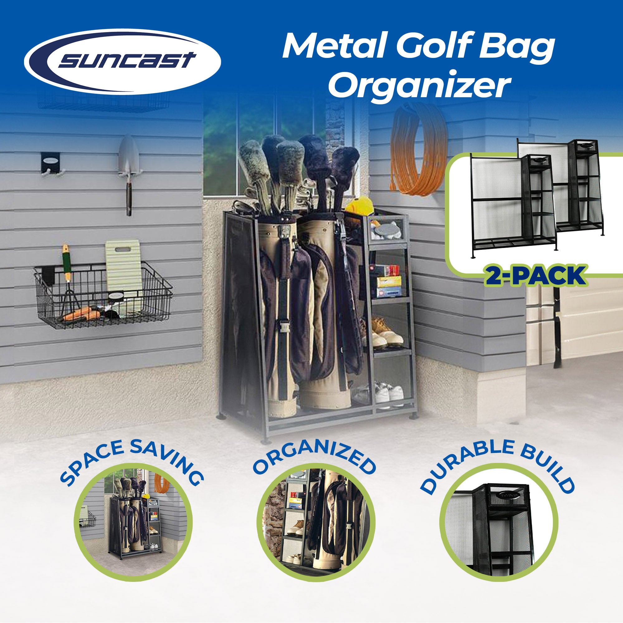 Suncast Metal Complete Golf Bag Organizer for Garage w/ Shelves & Bin (2 Pack) - Smart-nests