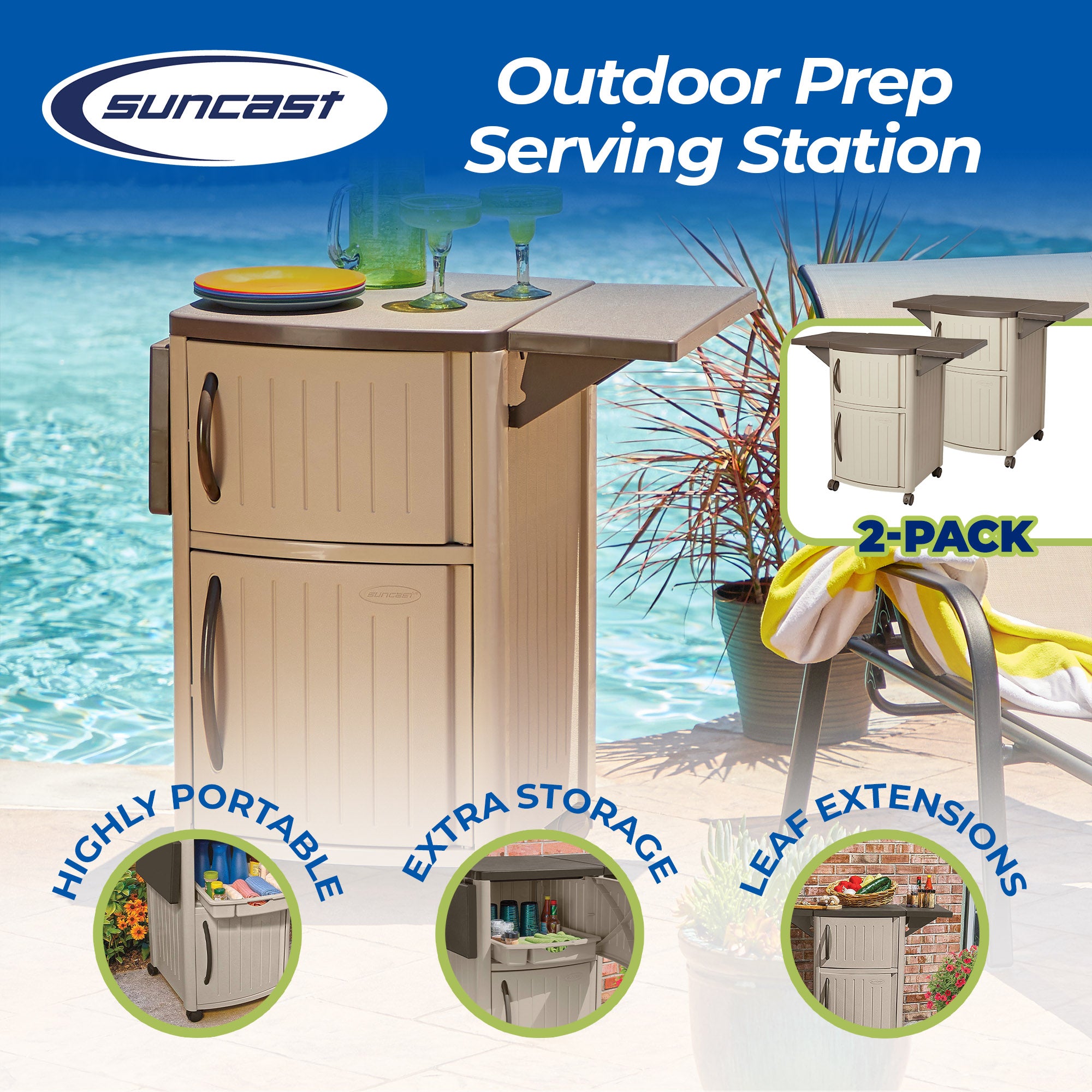 New Suncast Portable Outdoor Patio Prep Serving Station Table & Cabinet (2 Pack) - Smart-nests