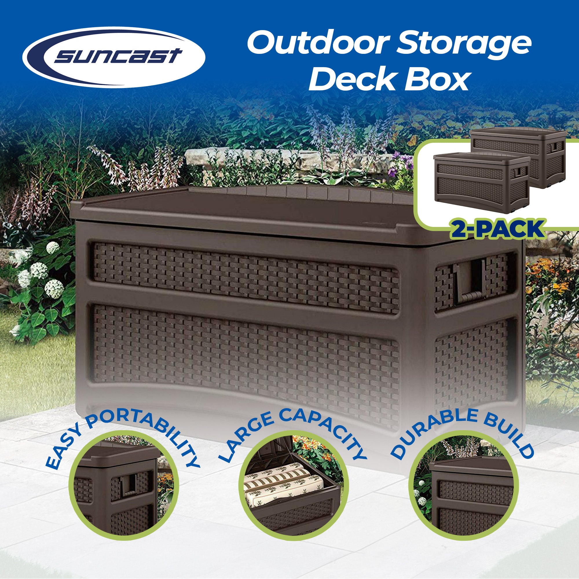 Suncast Outdoor 73 Gallon Patio Storage Chest with Handles and Seat, Java (2 Pk) - Smart-nests