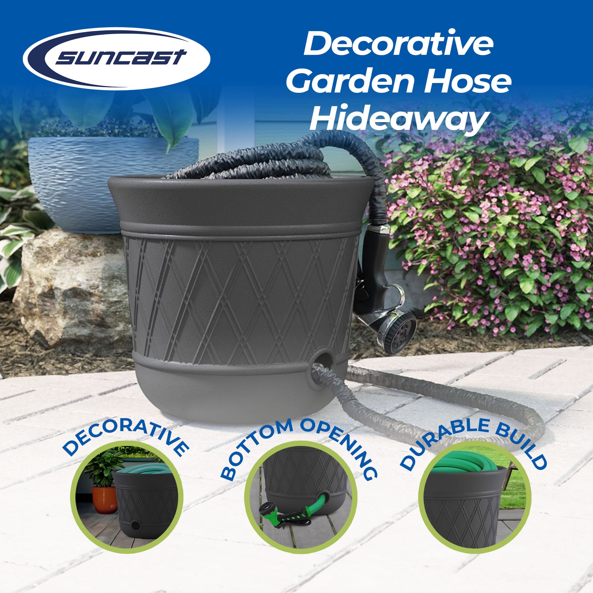 Suncast 14 x 12" Resin Decorative Hideaway Outdoor Garden Hose Storage Pot, Gray - Smart-nests