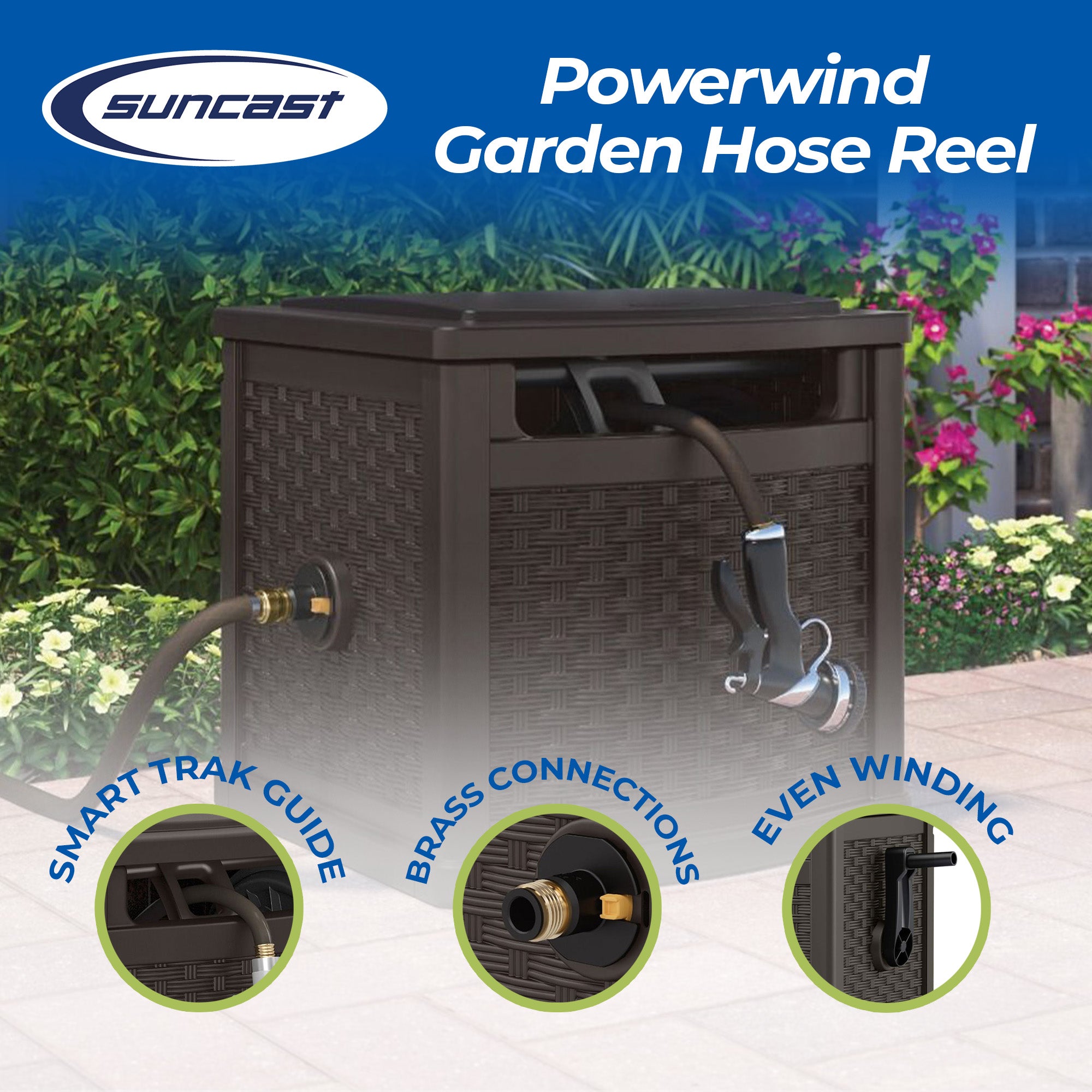 Suncast 150 Foot Slide Trak Outdoor Garden Water Hose Hideaway for Patio, Java - Smart-nests